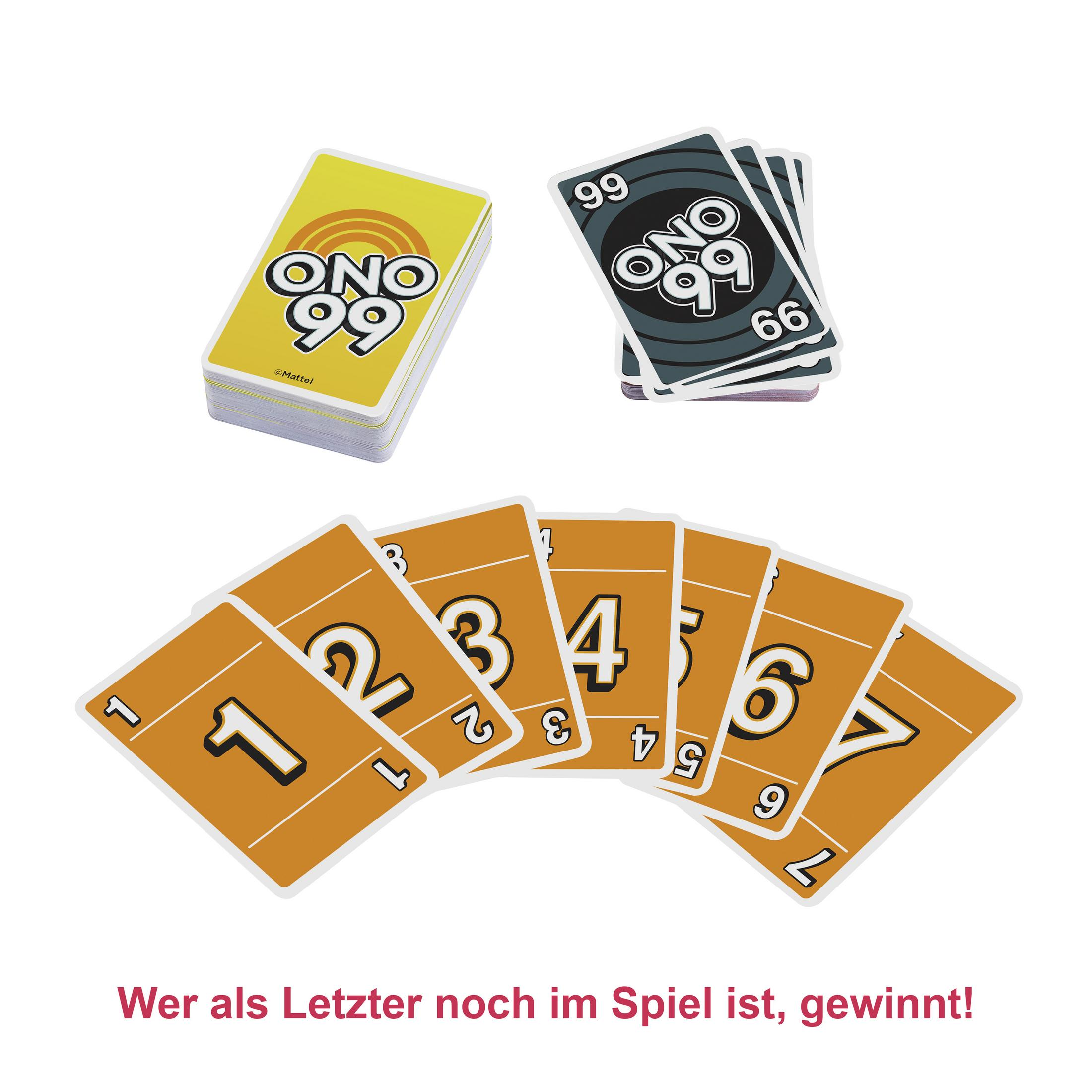 Ono 99 Spielkarten: Zwei Stapel und fünf einzelne Karten mit Zahlen.