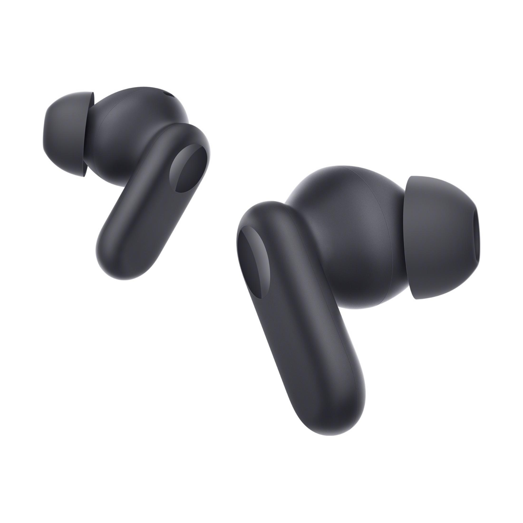 Due auricolari wireless neri su sfondo bianco.