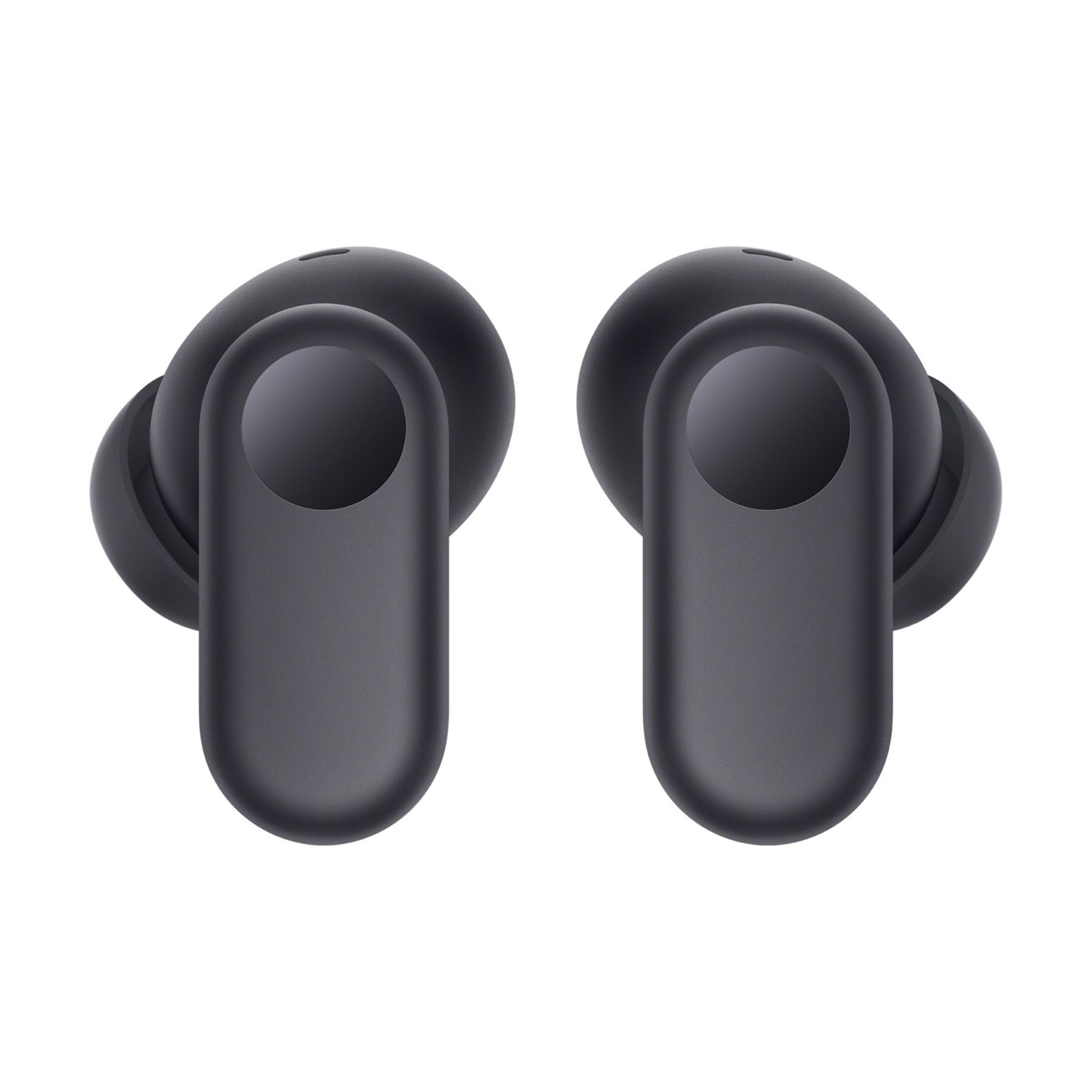 Due auricolari wireless scuri, uno accanto all'altro su sfondo bianco.