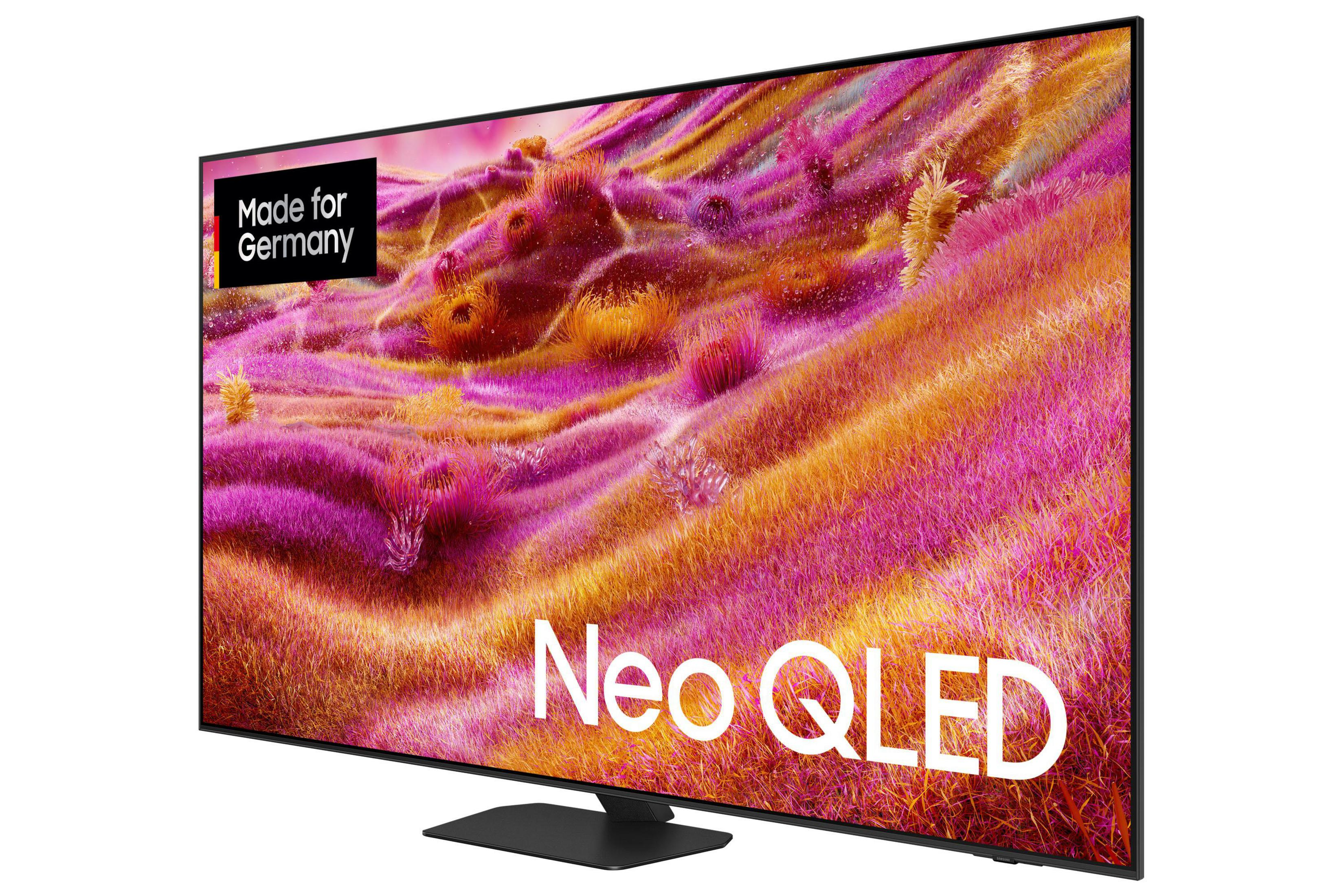 Ein schwarzer Fernseher mit einem bunten Hintergrund und dem Text "Neo QLED".