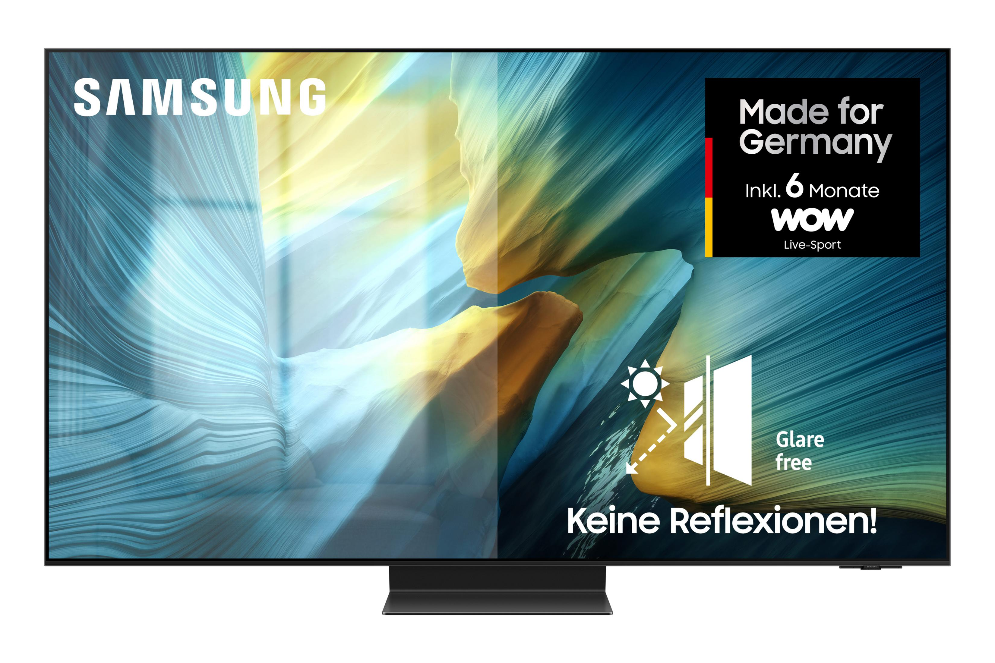 Samsung TV mit "Made for Germany" Siegel und "Glare free" Anzeige.