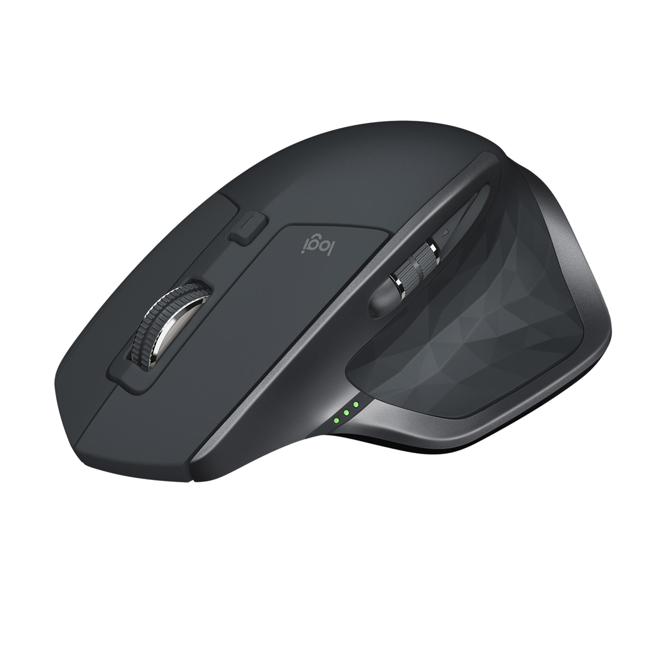 Un mouse Logitech scuro con rotella argentata e indicatori LED verdi.