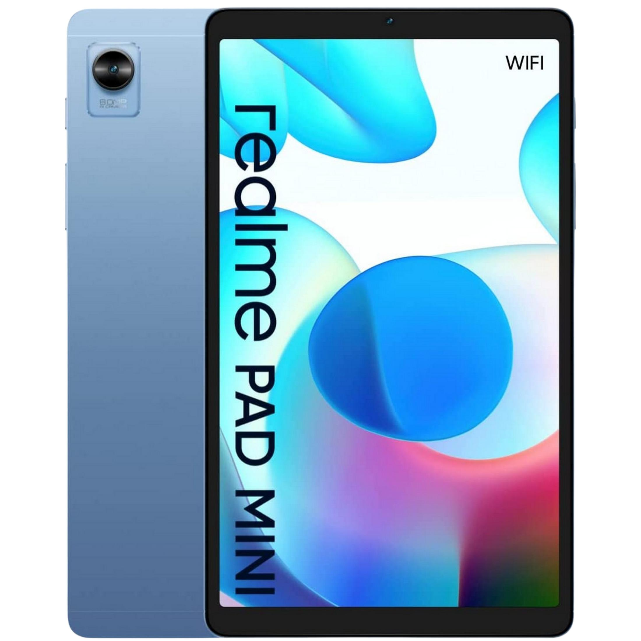 Un tablet blu con scritta Realme Pad Mini e fotocamera da 80MP.