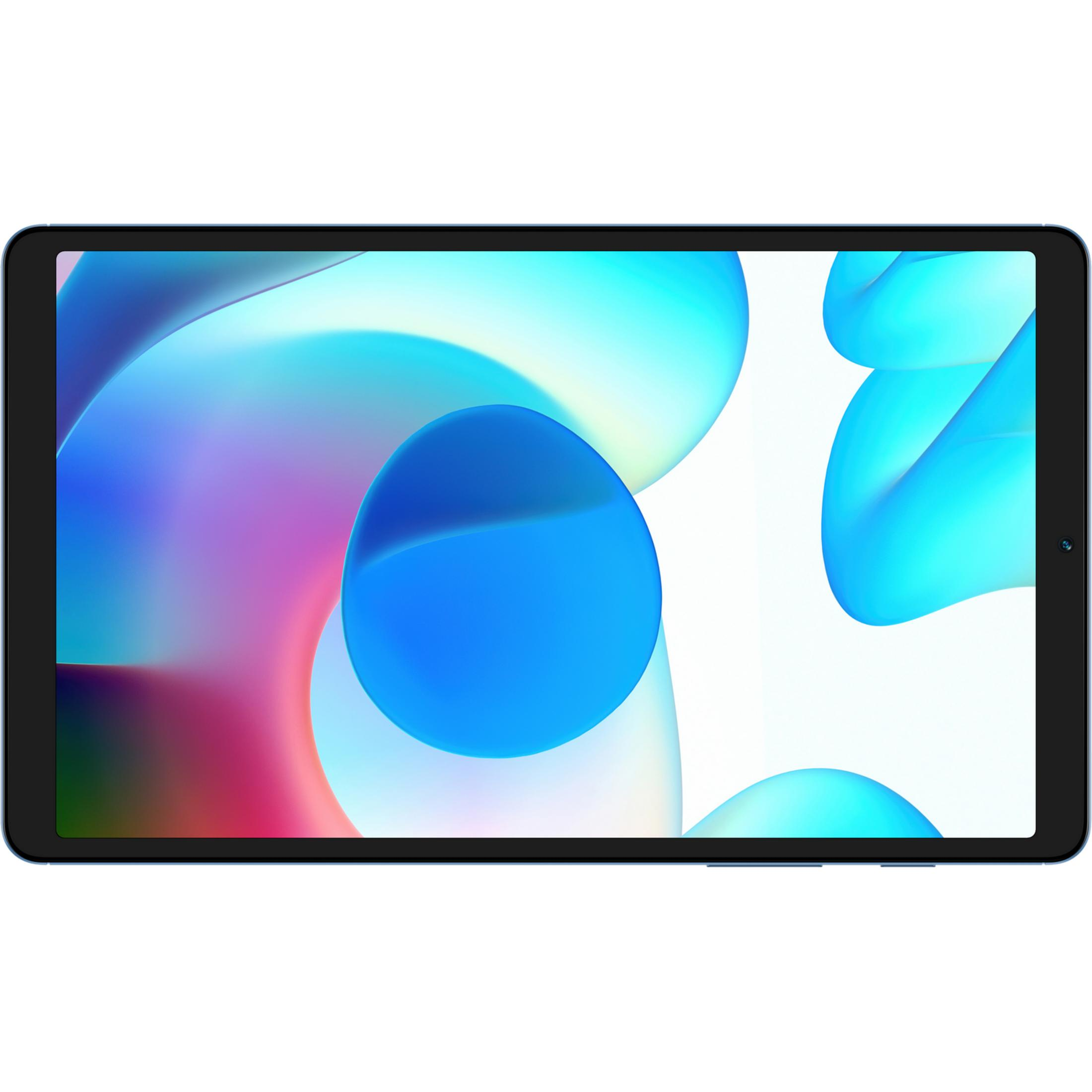 Un tablet blu con uno sfondo astratto e colorato.