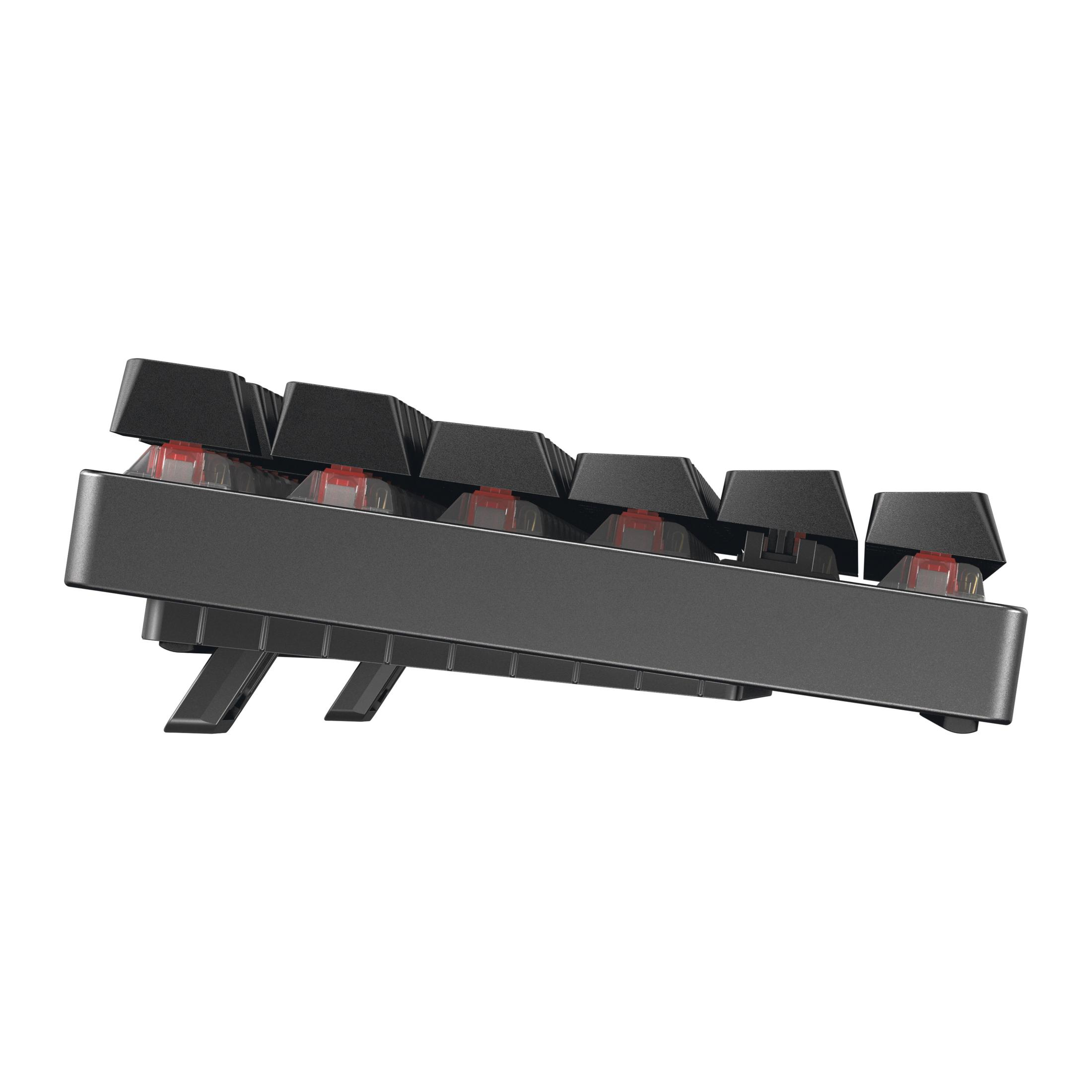 Schwarze Tastatur mit roten Schaltern, von der Seite gesehen.
