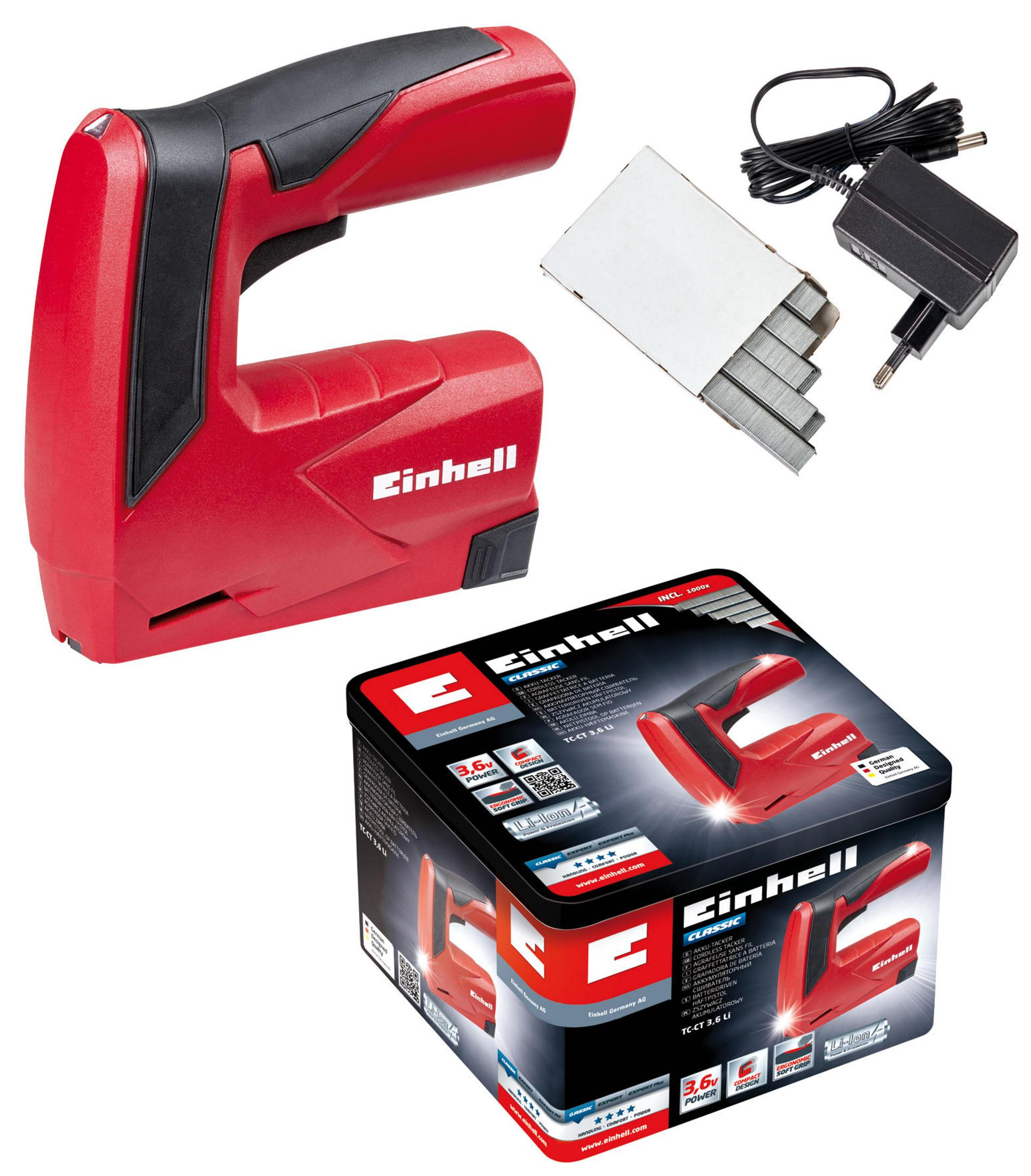Graffatrice a batteria Einhell con caricabatterie, graffette e confezione su sfondo bianco.