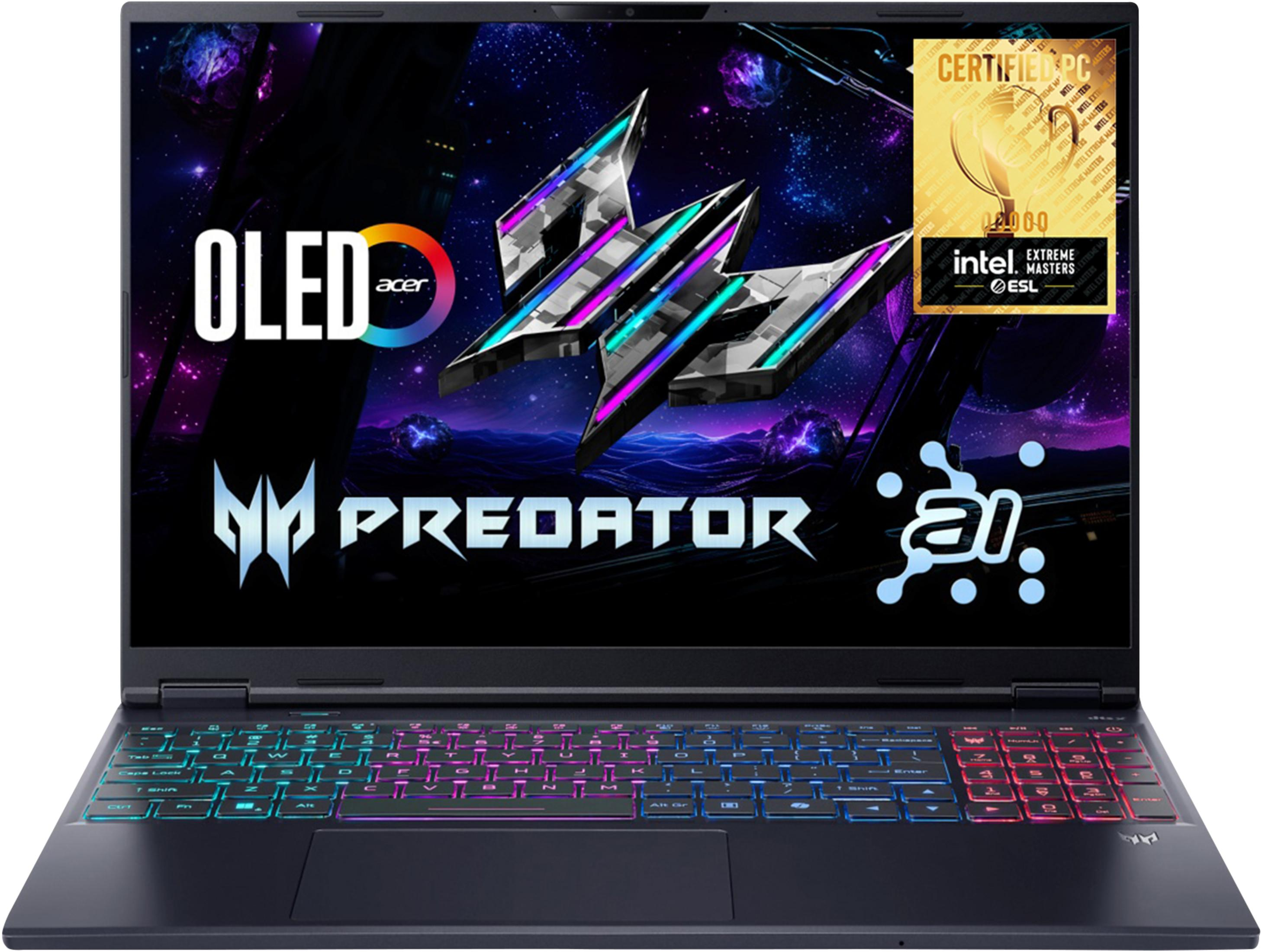 Czarny laptop z podświetlaną klawiaturą i tapetą w kosmicznym stylu z logo.