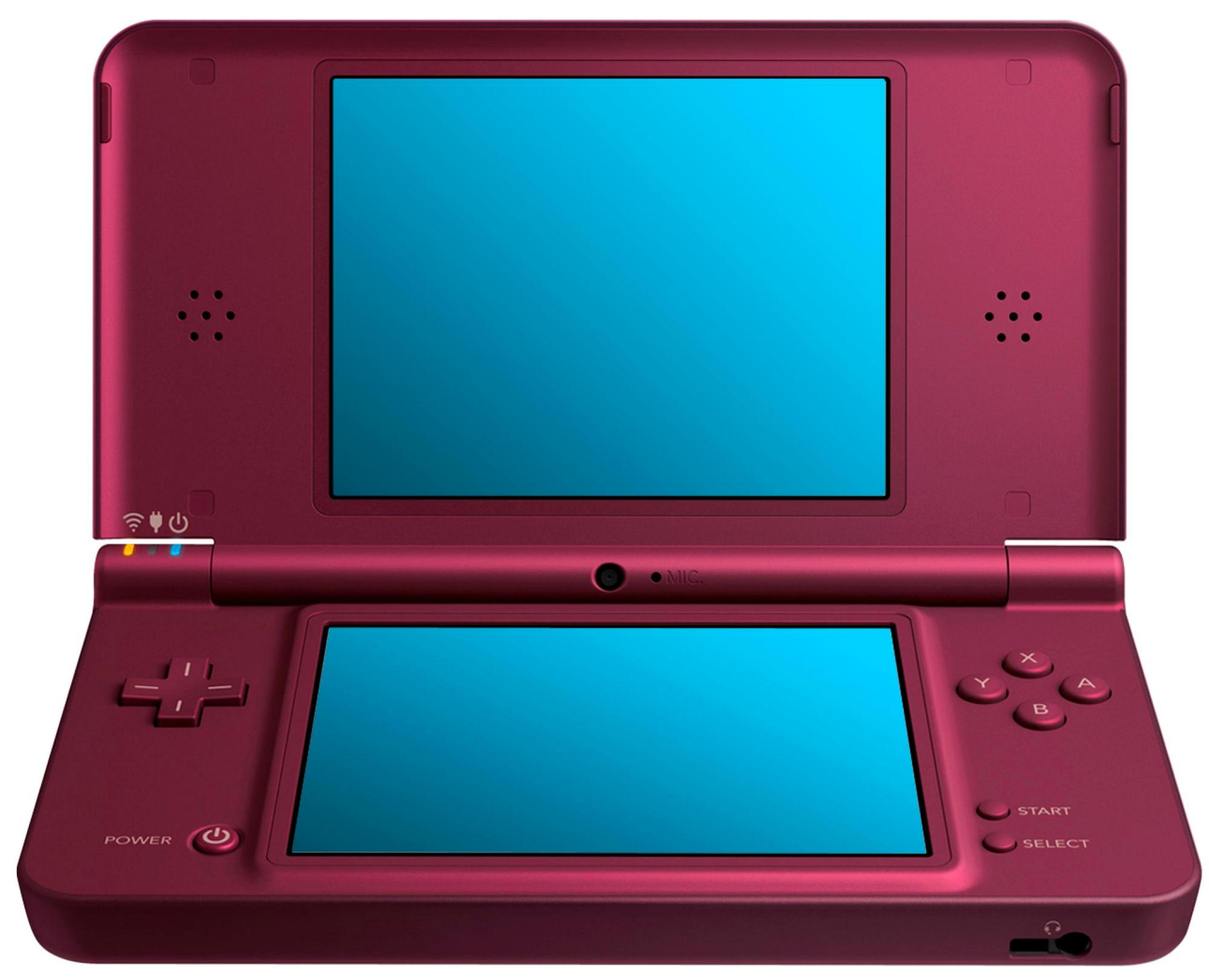Ein burgunderroter Nintendo DS mit blauen Bildschirmen und Bedienelementen.