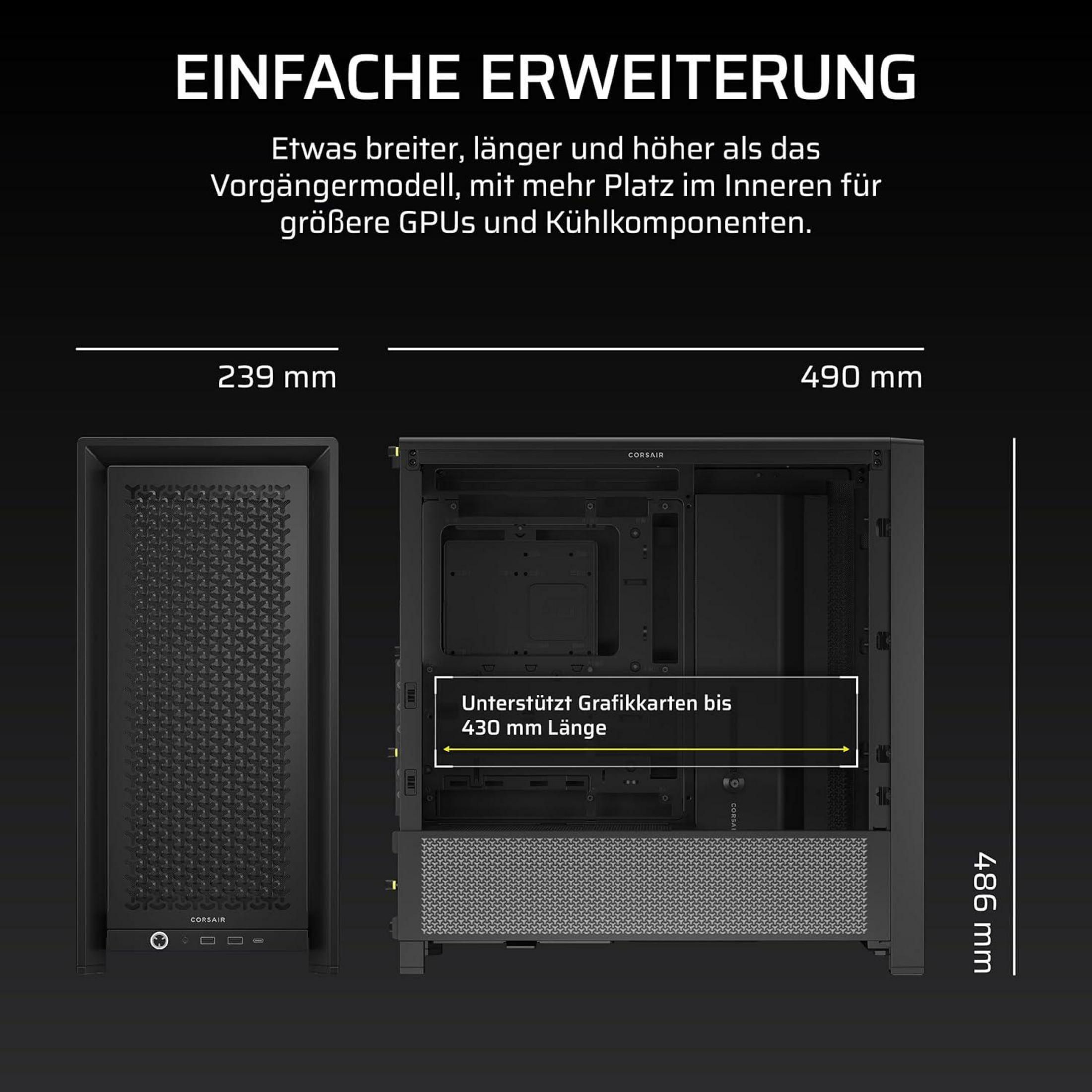Case per computer nero, con dimensioni interne ed esterne.