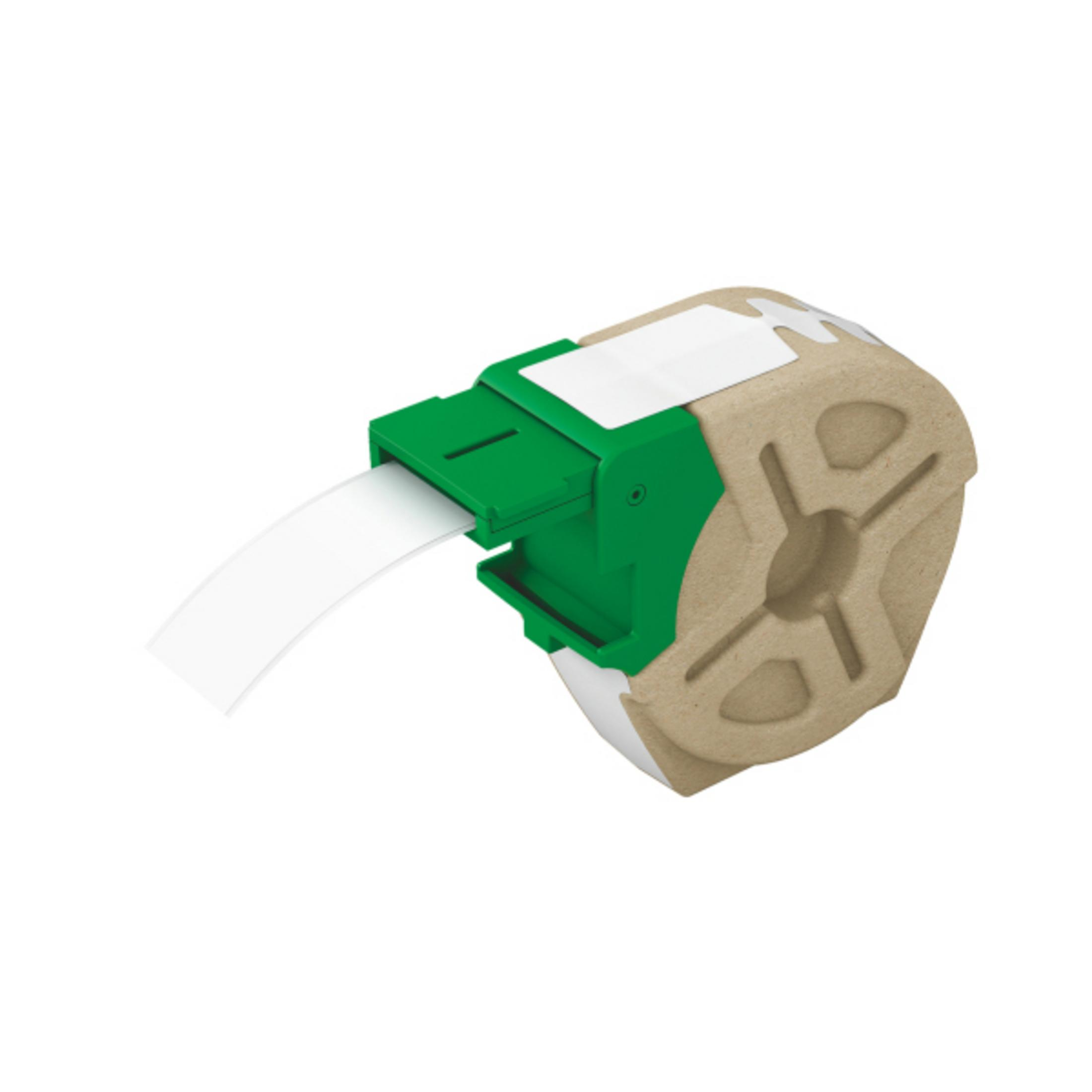 Distributore di etichette verde con nastro bianco su bobina marrone.