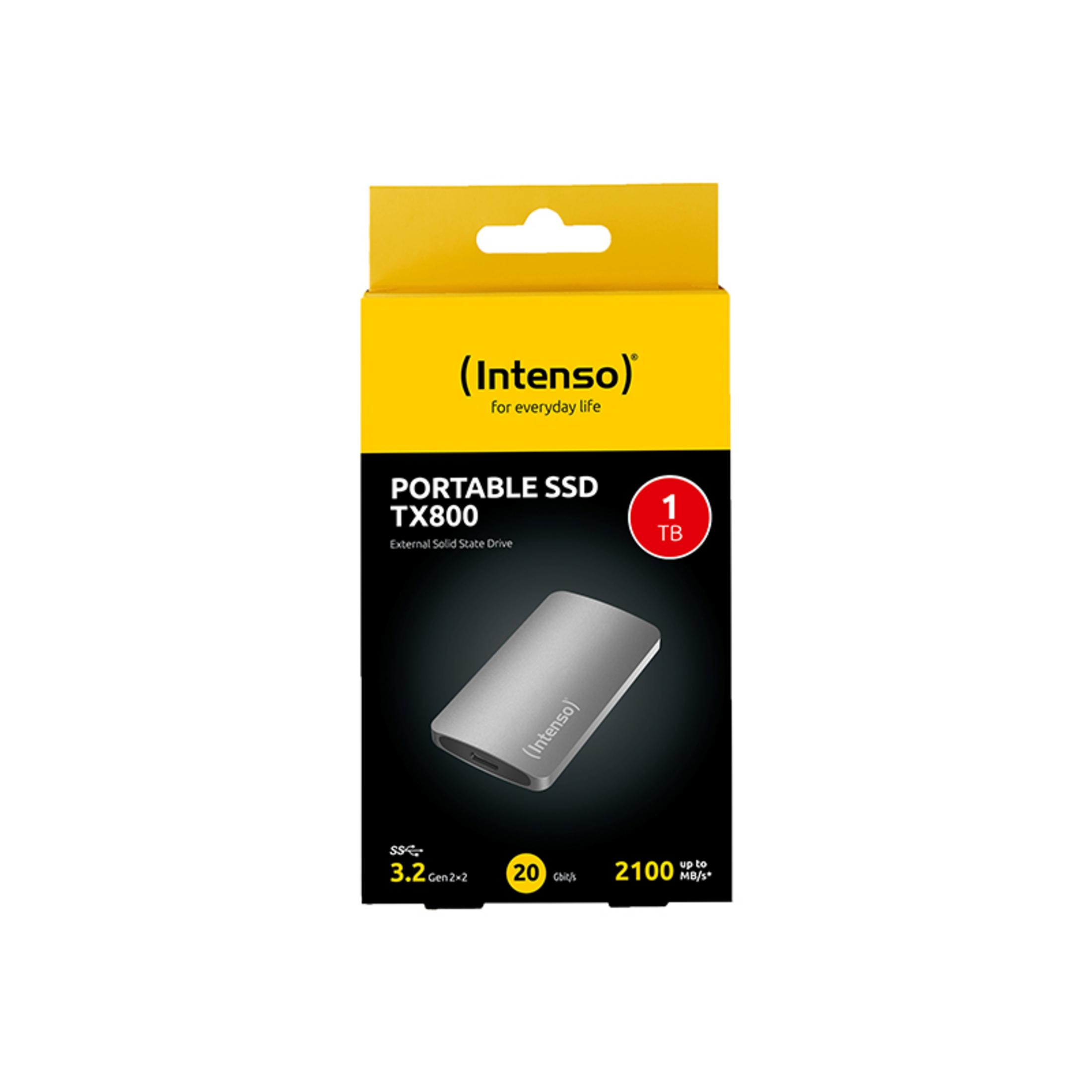 Confezione di un SSD Intenso TX800 argento da 1TB con specifiche di velocità.