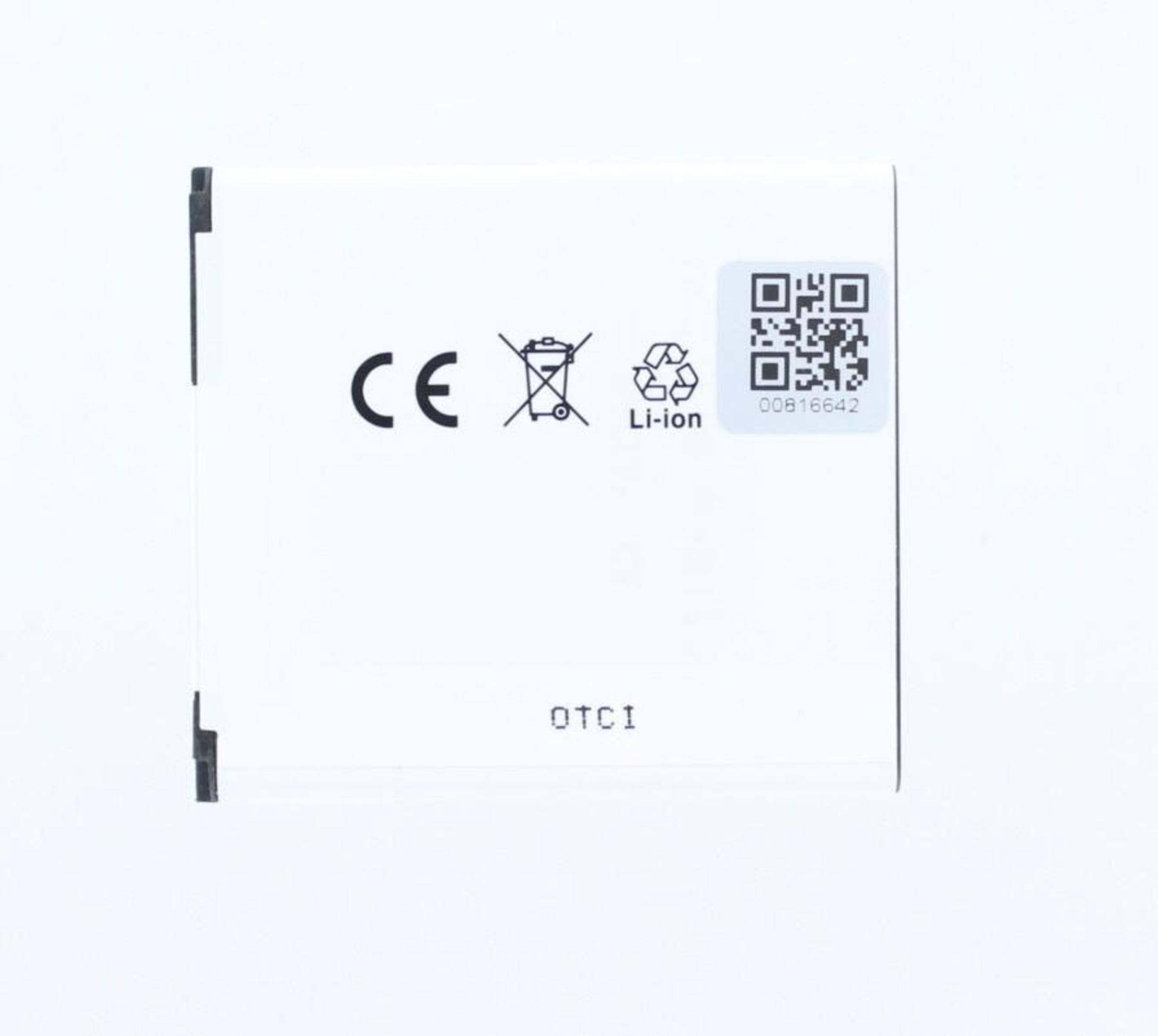 Weiße Batterie mit CE- und Li-ion-Symbolen, QR-Code und Text.