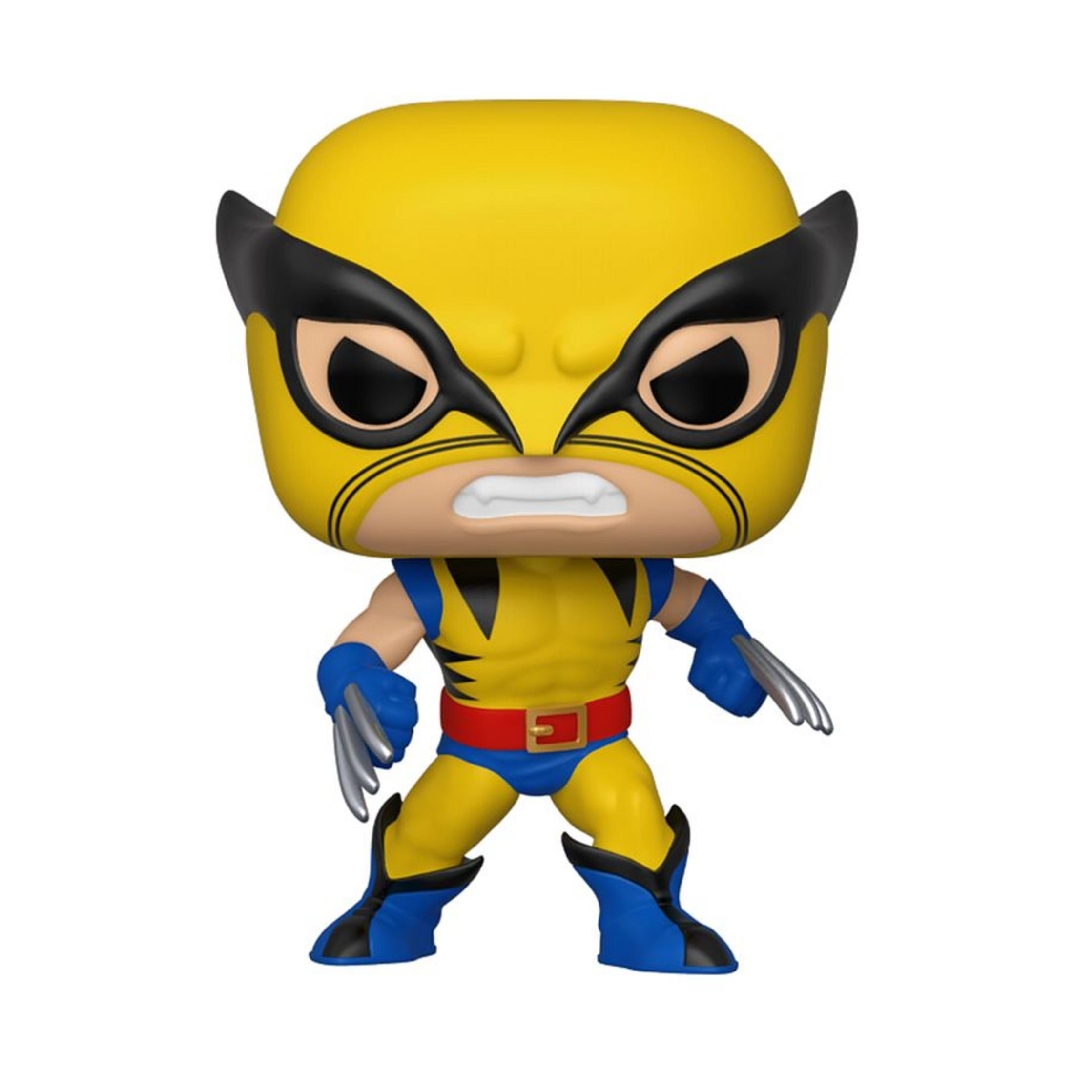 Wolverine-Figur mit gelber Maske, blauem Anzug, roten Gürtel und Metallkrallen.