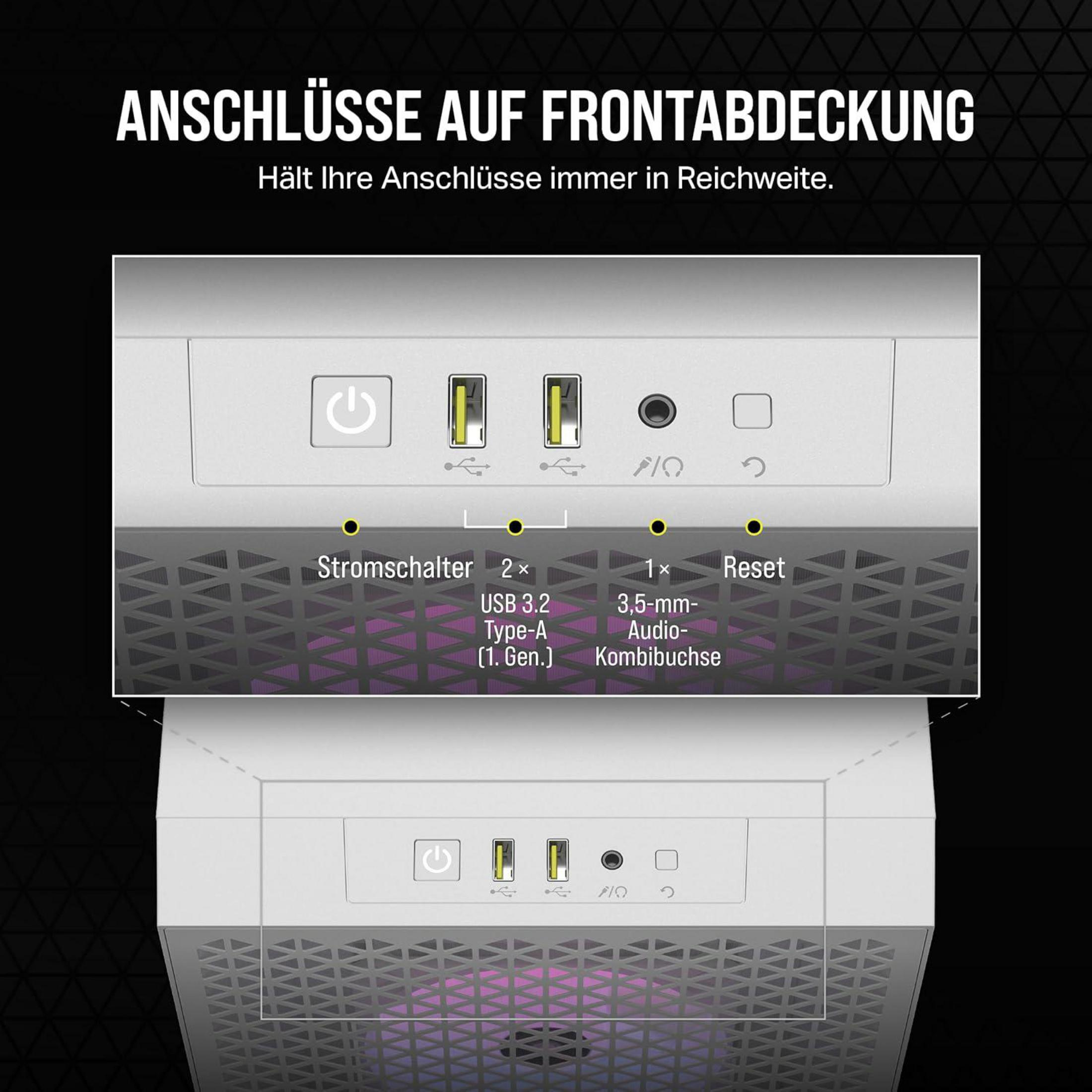 Fronte di un PC bianco con porte: Alimentazione, 2x USB, Audio, Reset.