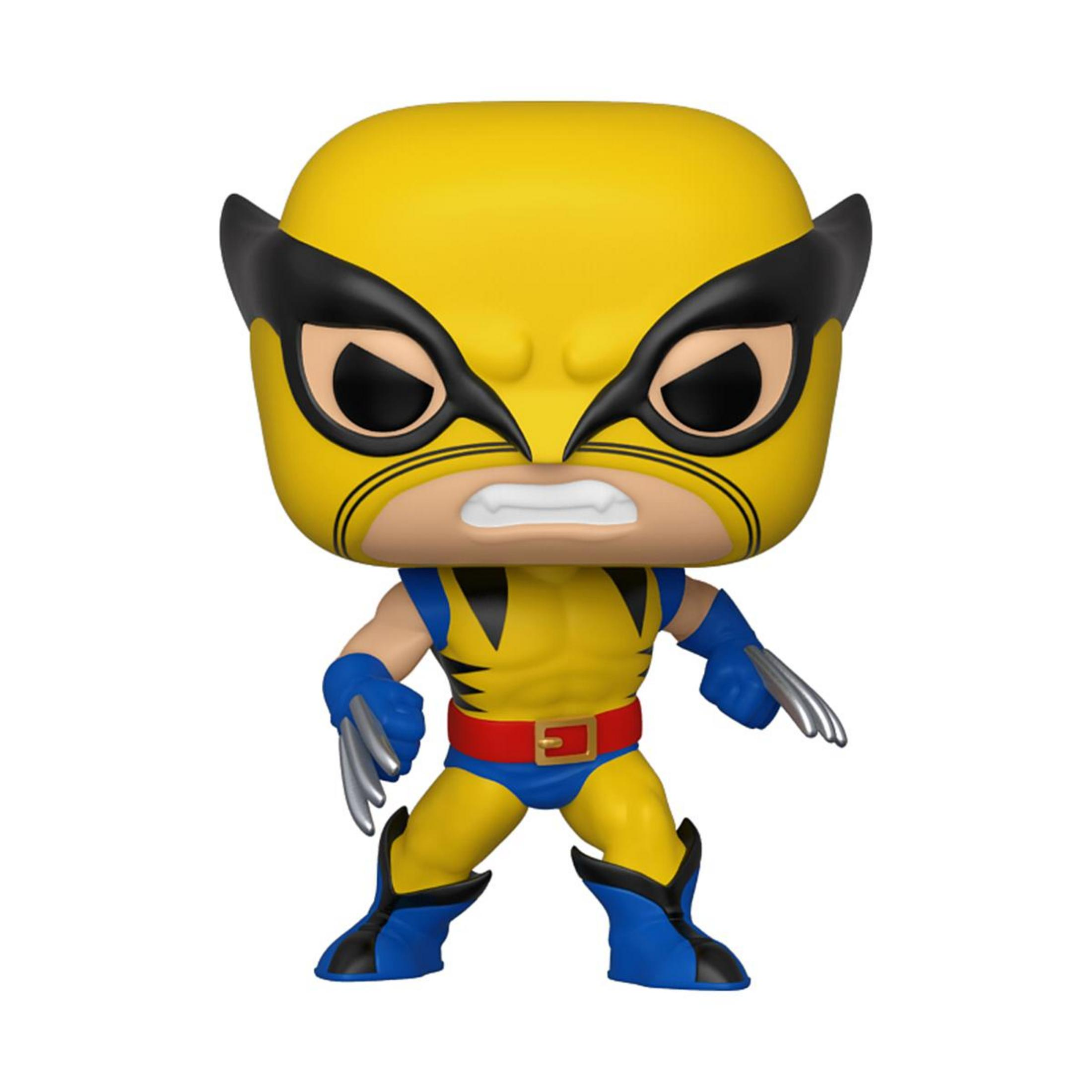 Wolverine Funko Pop mit gelber Maske, blauer Kleidung und Klauen.