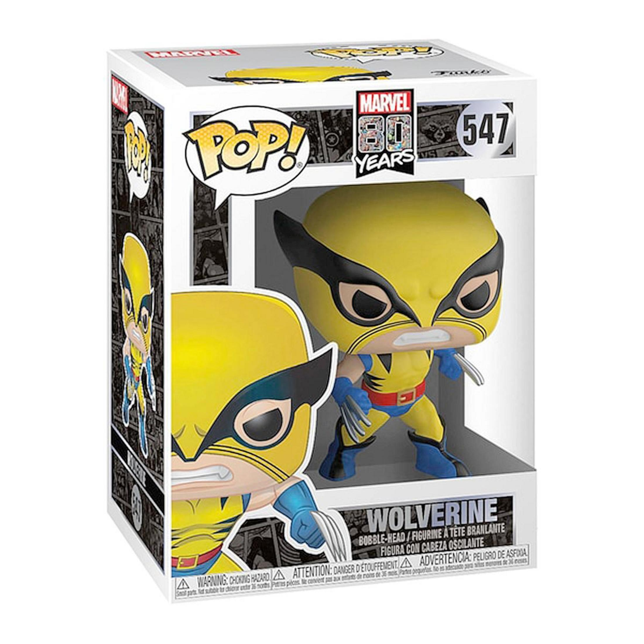 Funko Pop Wolverine 547 in seiner Verpackung, mit Comic-Motiven und Marvel 80 Jahre Logo.