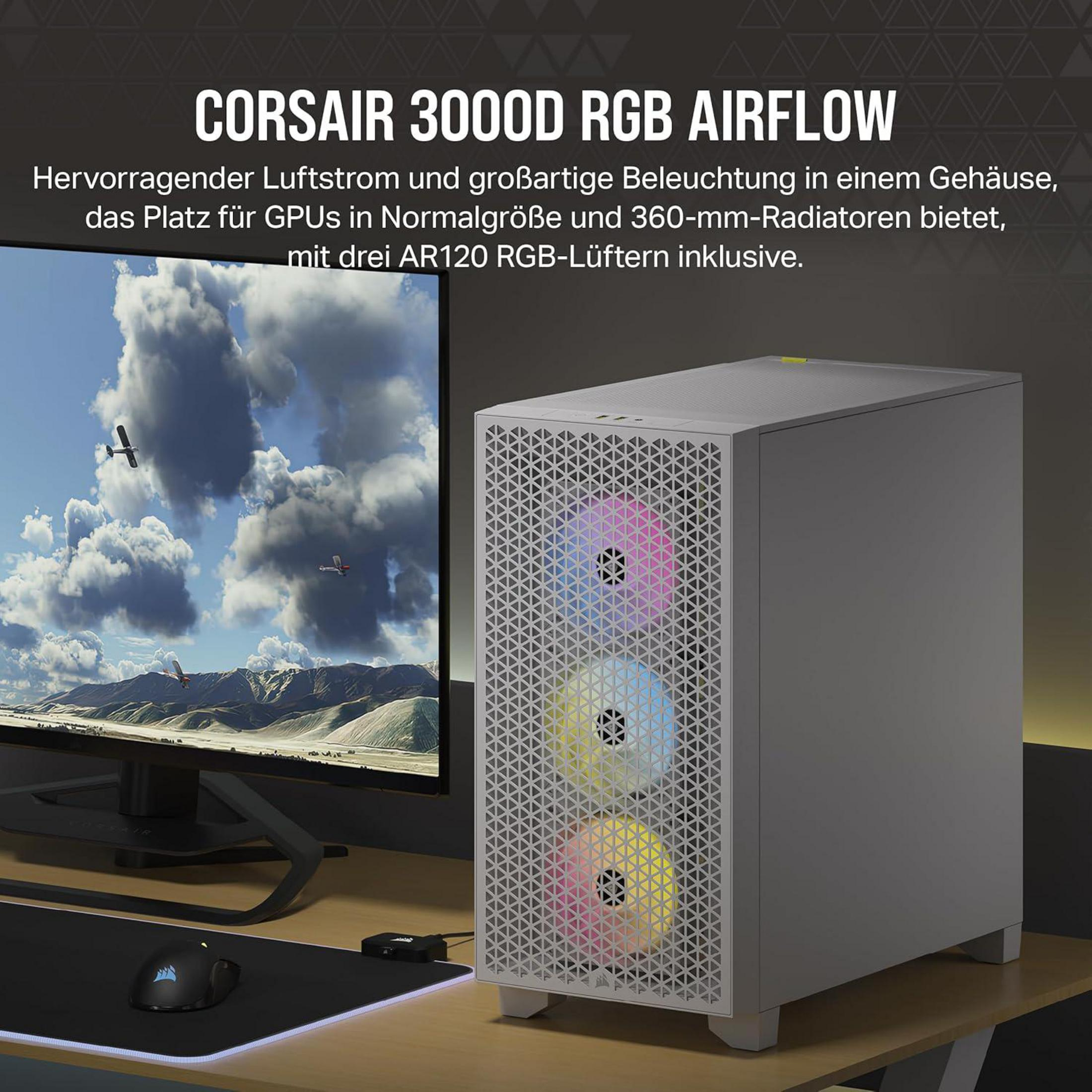 Un case PC Corsair grigio con ventole RGB accanto a un monitor.
