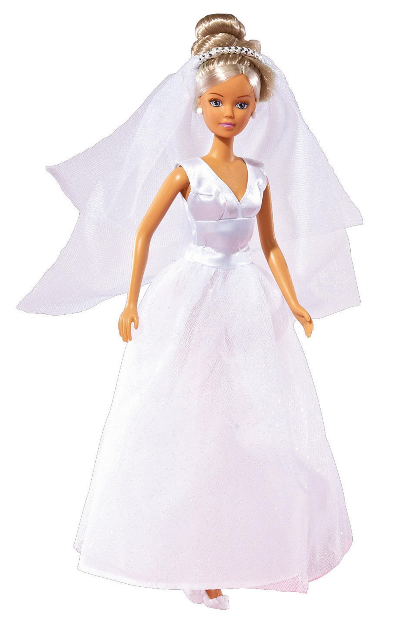 Barbie-Puppe Braut im weißen Kleid mit Schleier und Diadem, blonde Hochsteckfrisur.
