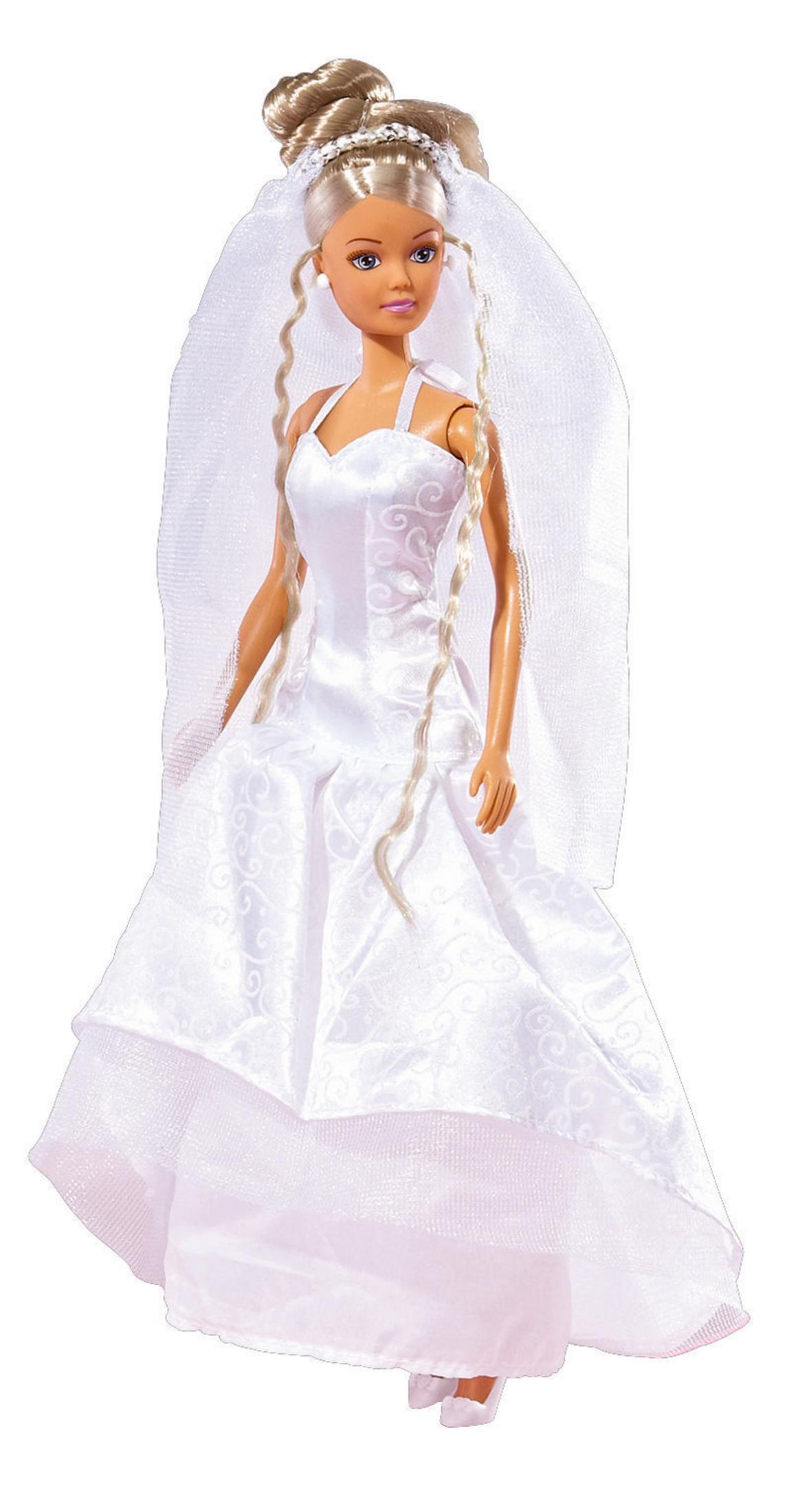 Eine Puppe in einem weißen Hochzeitskleid mit Schleier, blonden Haaren und blauen Augen.