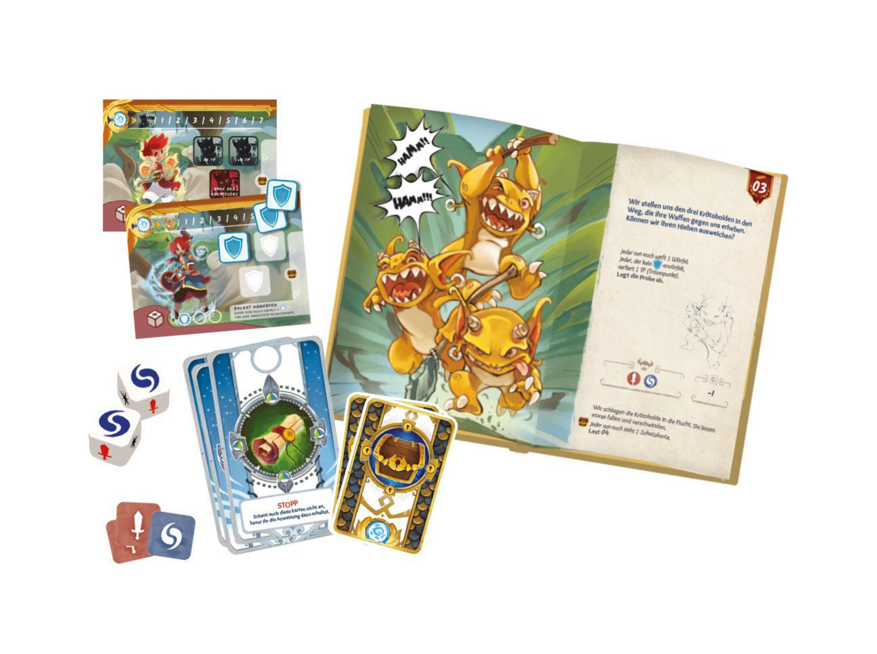 Spielkomponenten mit Charakteren, Würfeln und Karten auf weißem Hintergrund.