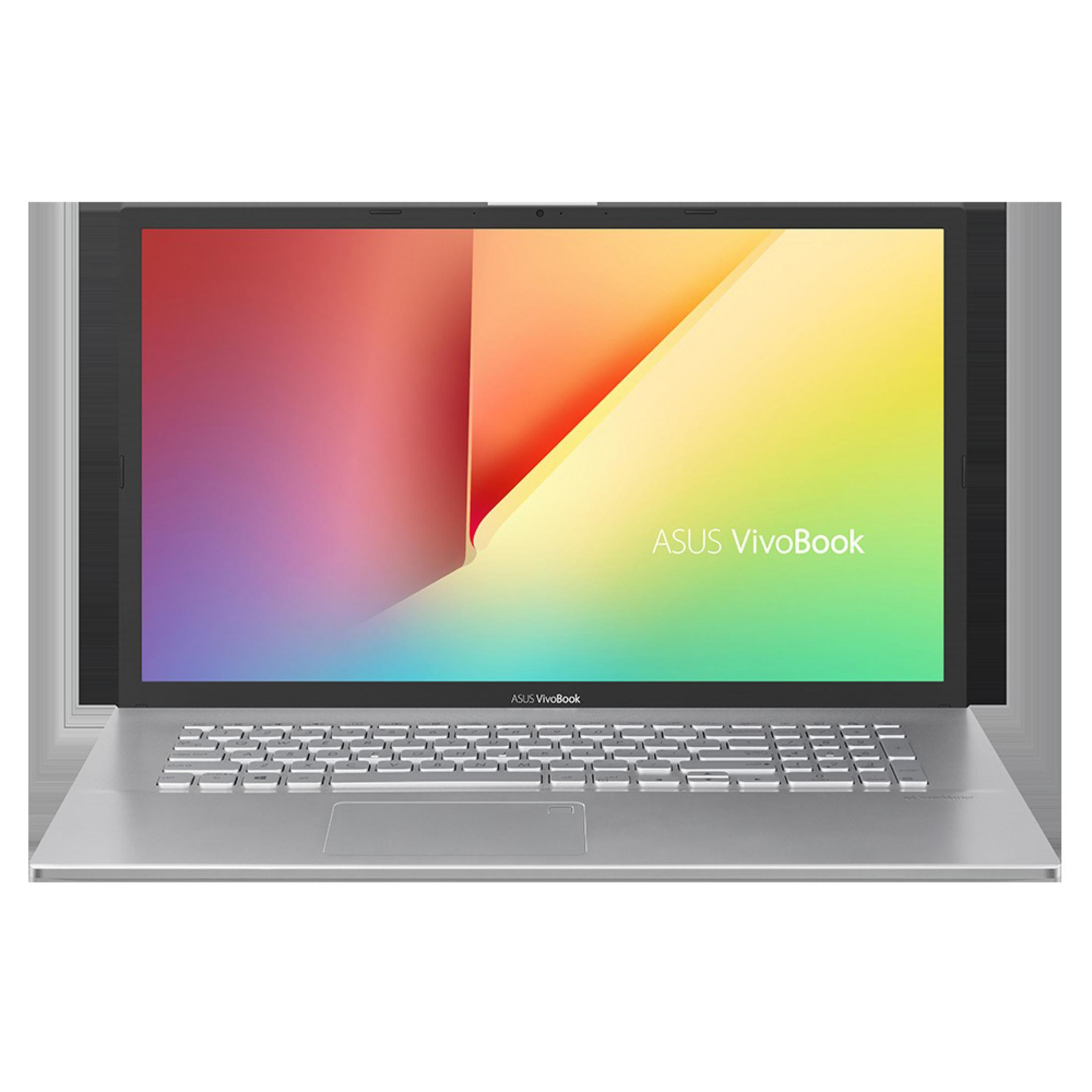 Silberner ASUS VivoBook Laptop mit buntem abstraktem Hintergrundbild auf dem Bildschirm.