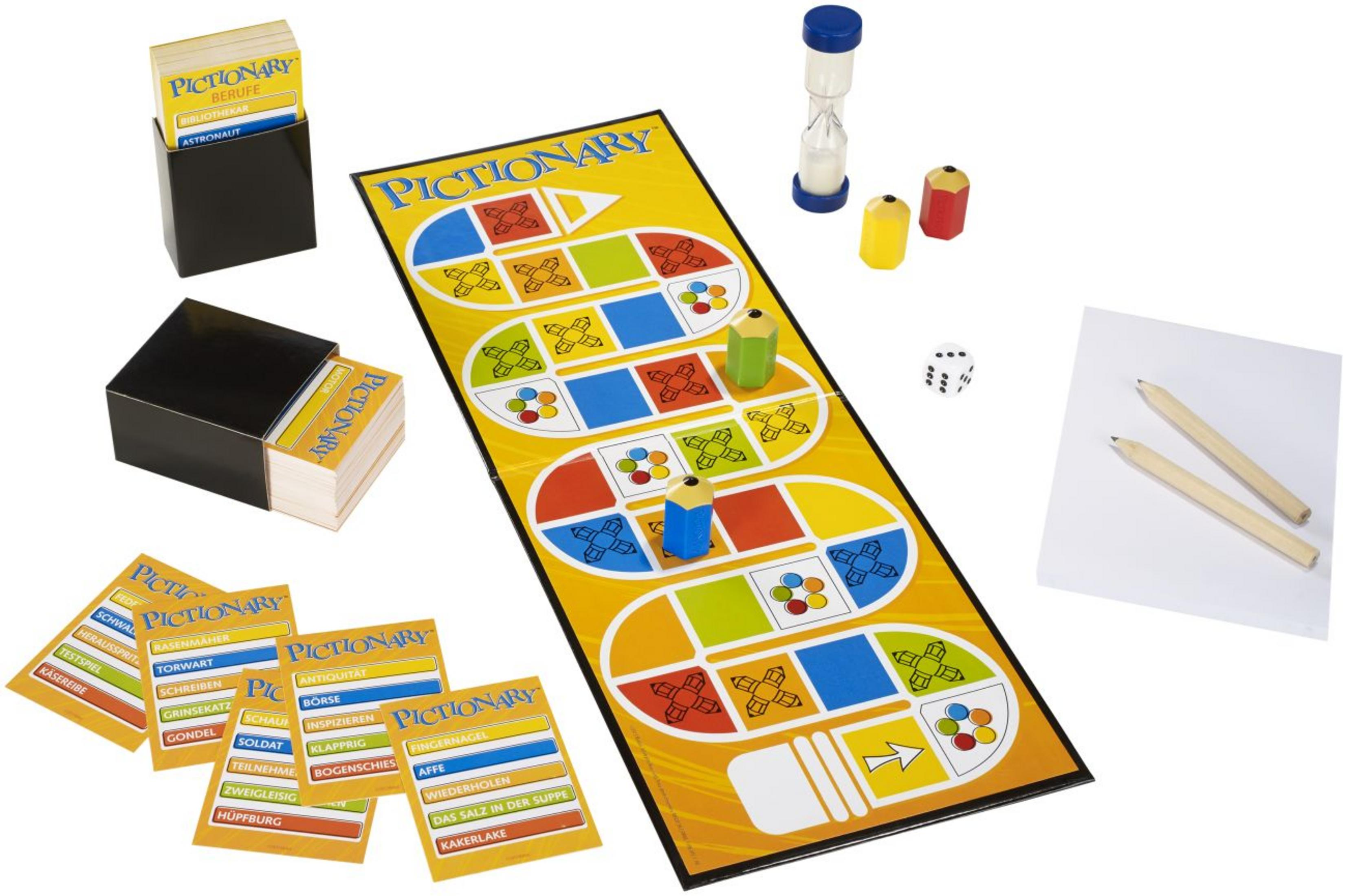 Pictionary Spielbrett mit Karten, Stiften, Würfel und Sanduhr.