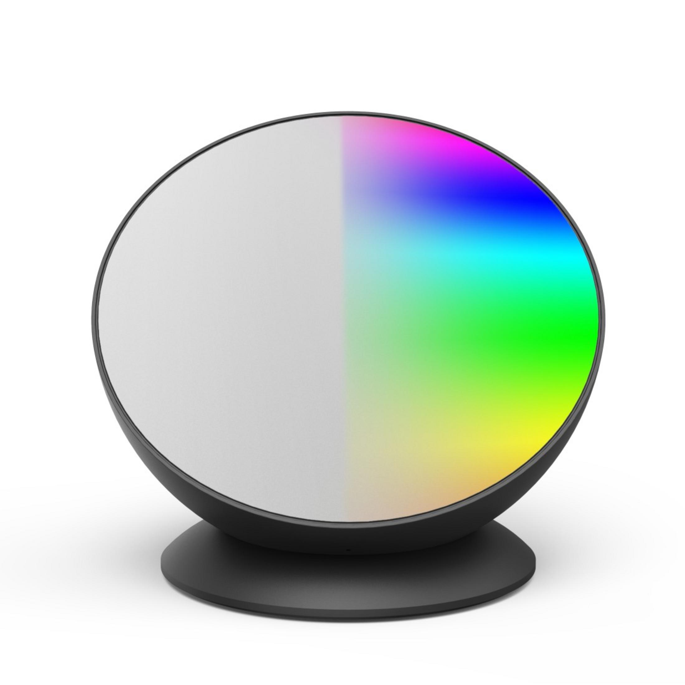 Una base tonda nera per lampada con un disco luminoso che sfuma da grigio a blu.