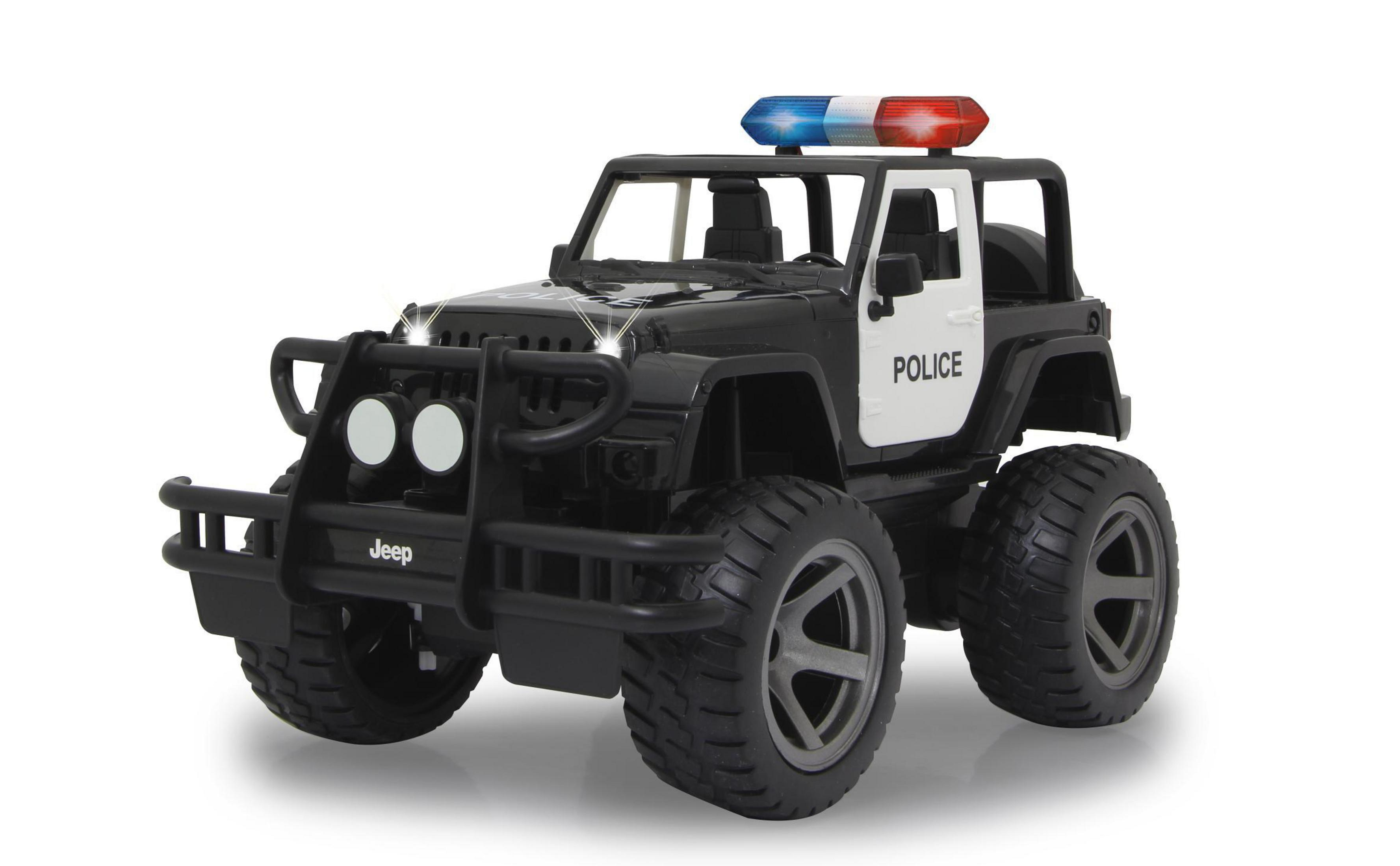 Schwarzer Jeep mit "POLICE"-Aufschrift, Blaulicht und Scheinwerfern.