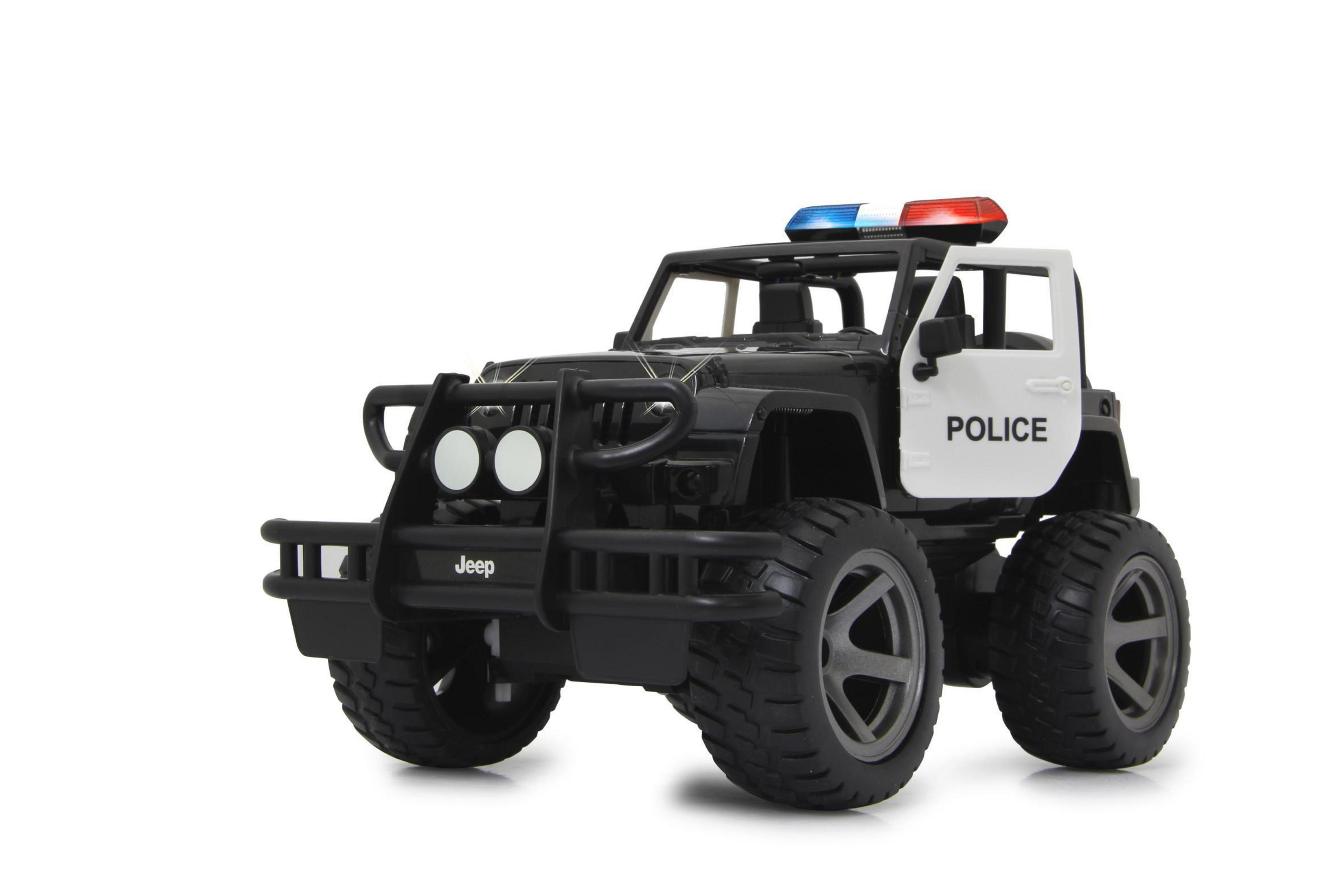 Schwarzer Jeep-Spielzeugpolizeiwagen mit Blaulicht auf weißem Hintergrund.