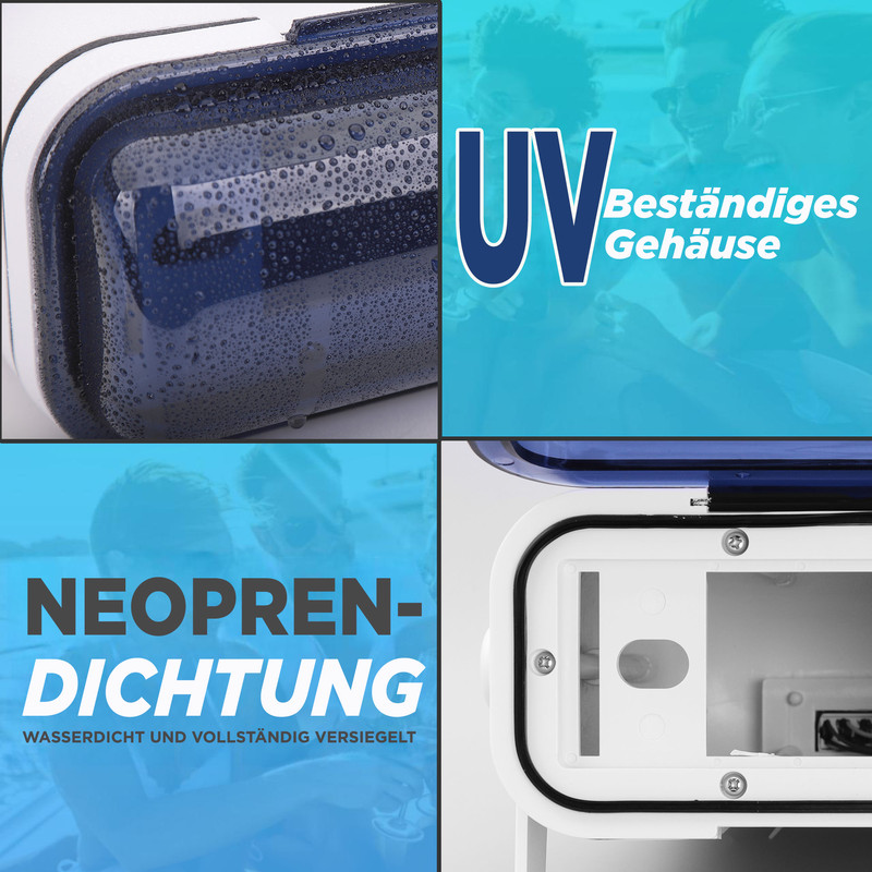 Vier Bilder zeigen ein wasserdichtes Gehäuse mit Tropfen, UV-Beständigkeit und Dichtung.