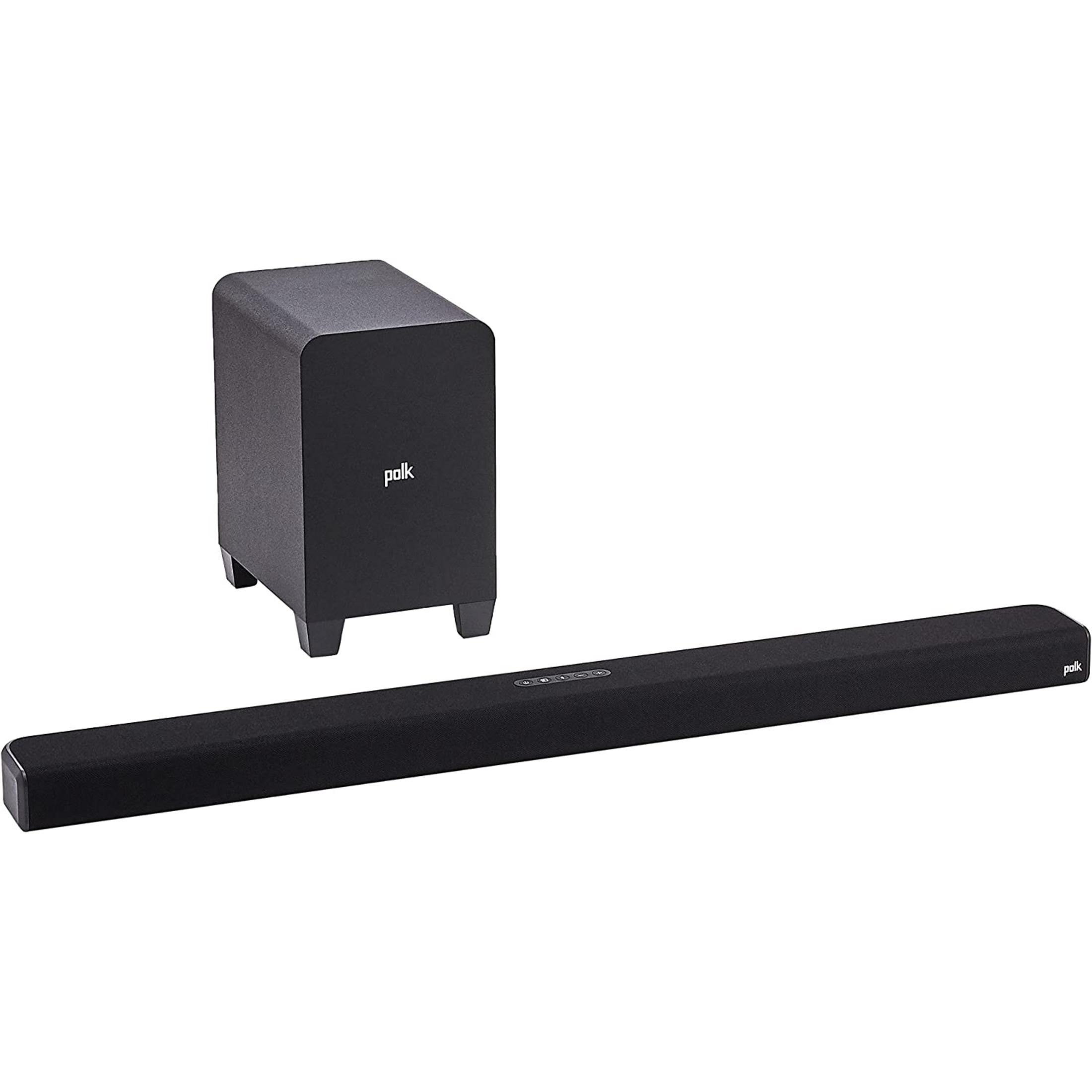 Subwoofer e soundbar neri con logo Polk su sfondo bianco.