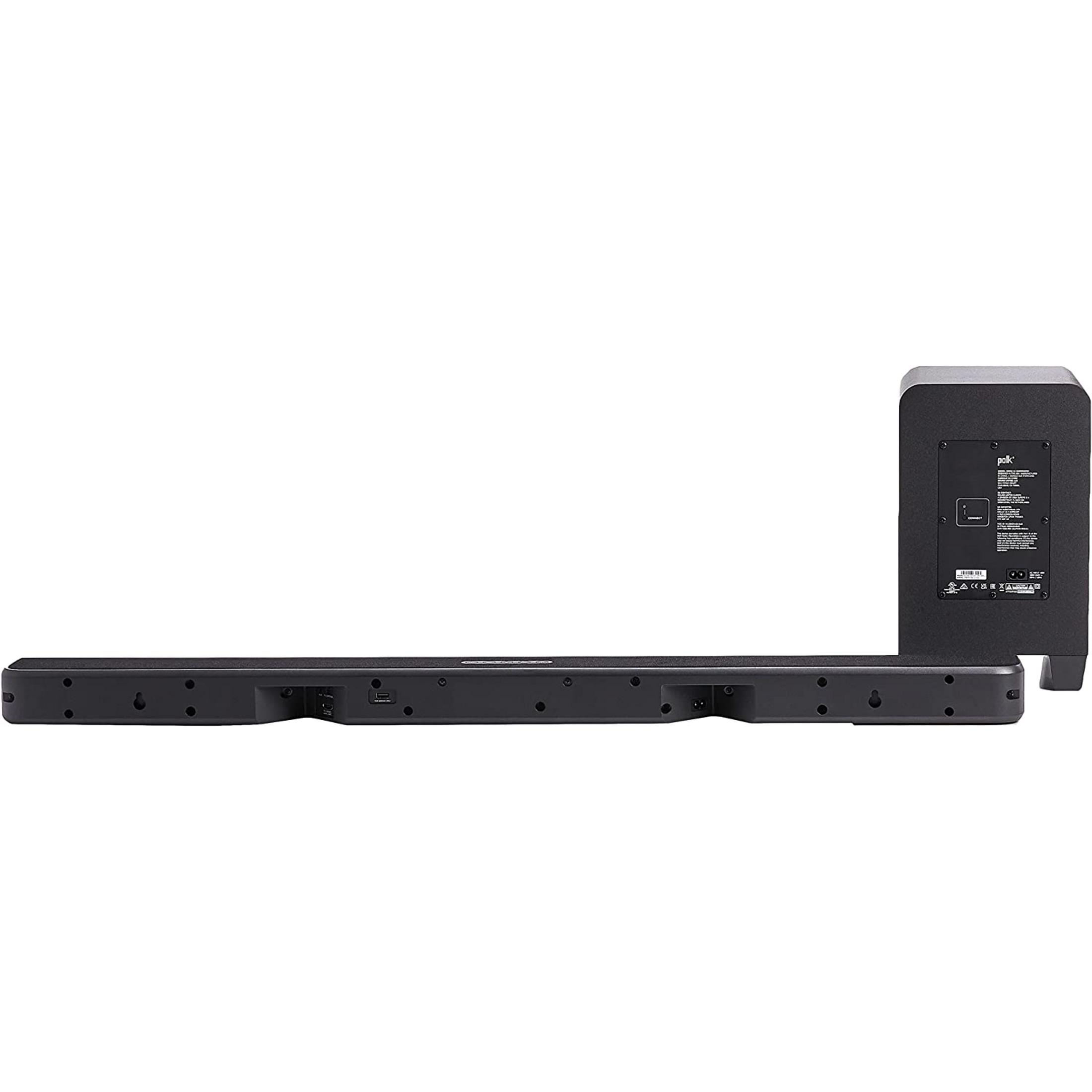 Soundbar e subwoofer neri con porte sul retro.