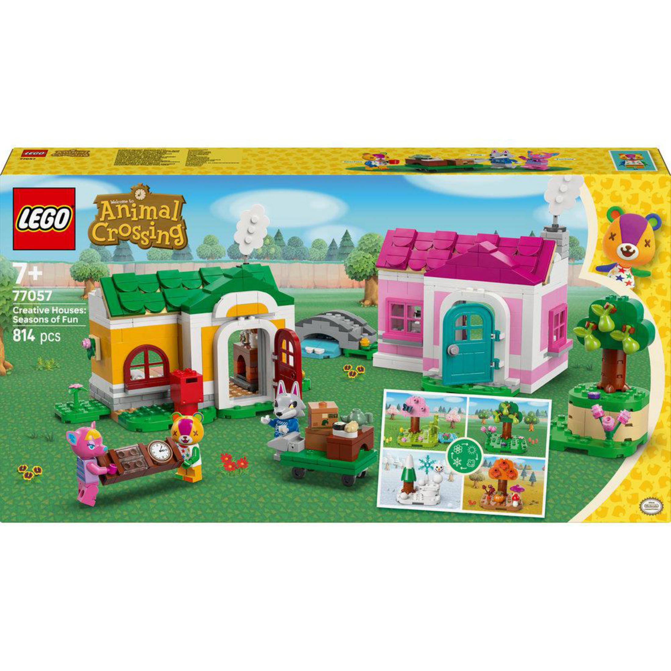Set LEGO Animal Crossing con casas, figuras y carro sobre base verde.