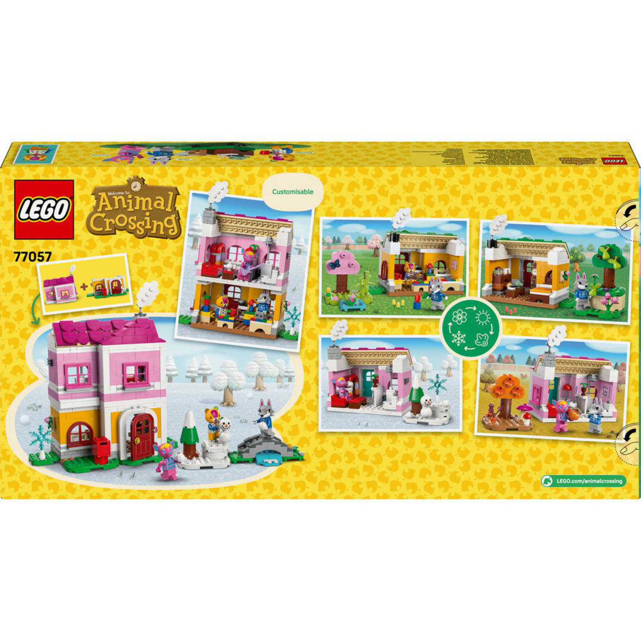 Set de juego LEGO Animal Crossing con casas coloridas, figuras y elementos estacionales.