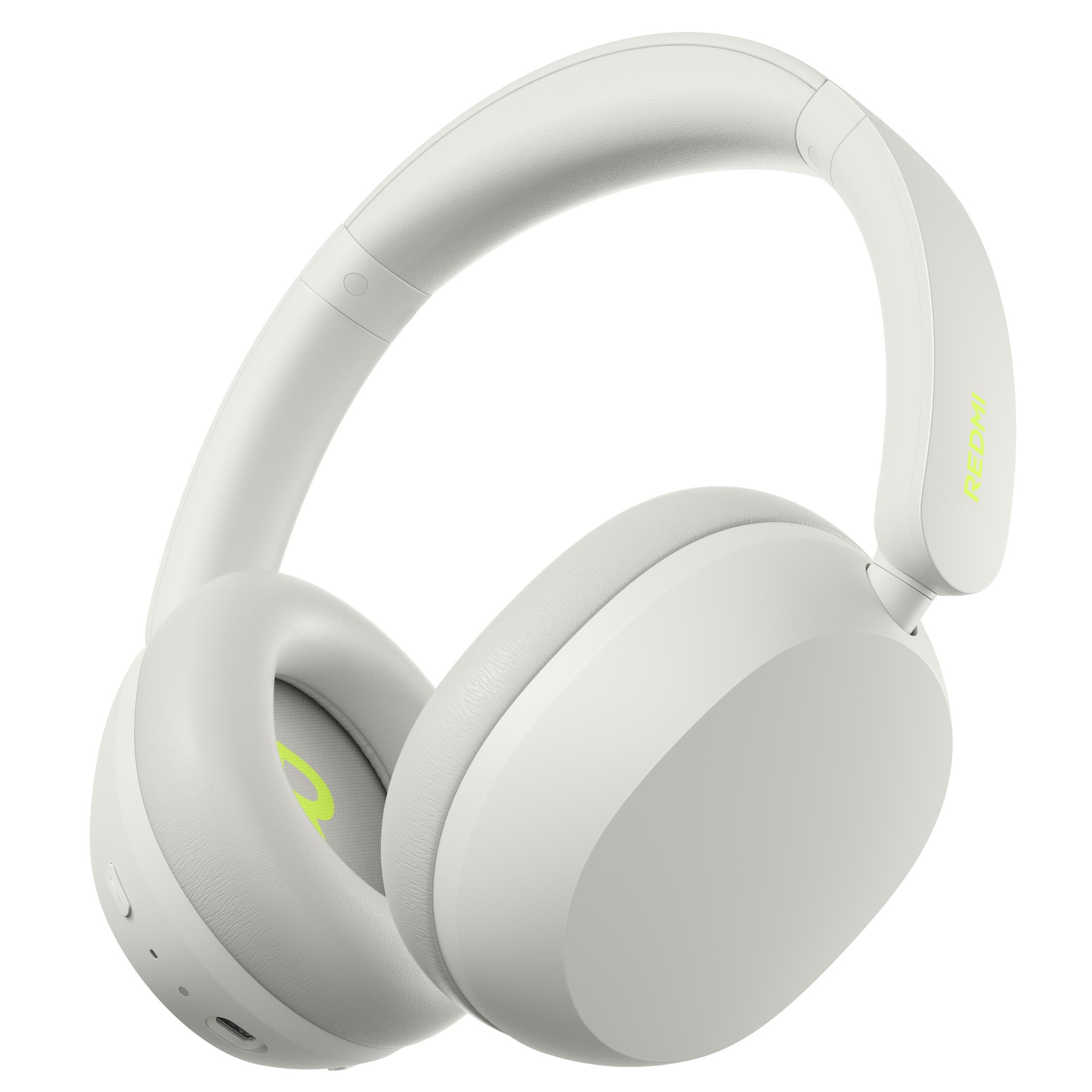 Auriculares blancos con letras rojas y detalles neón.