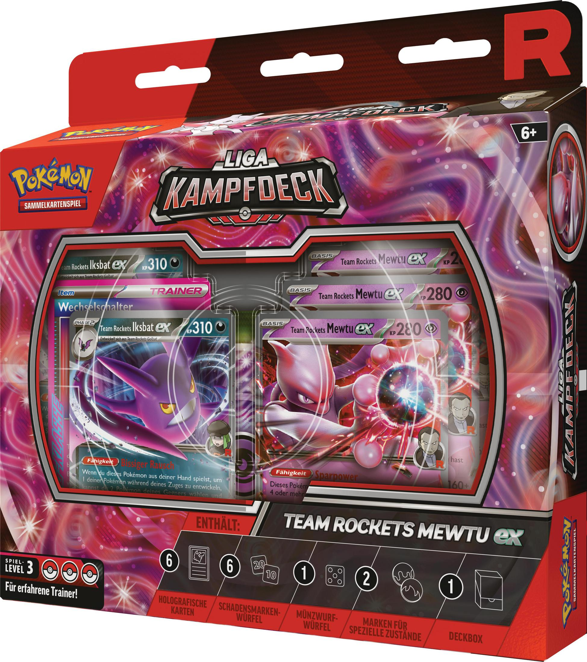 Pokémon Liga Kampfdeck mit Iksbat ex und Mewtu ex Karten, Würfel und Deckbox.