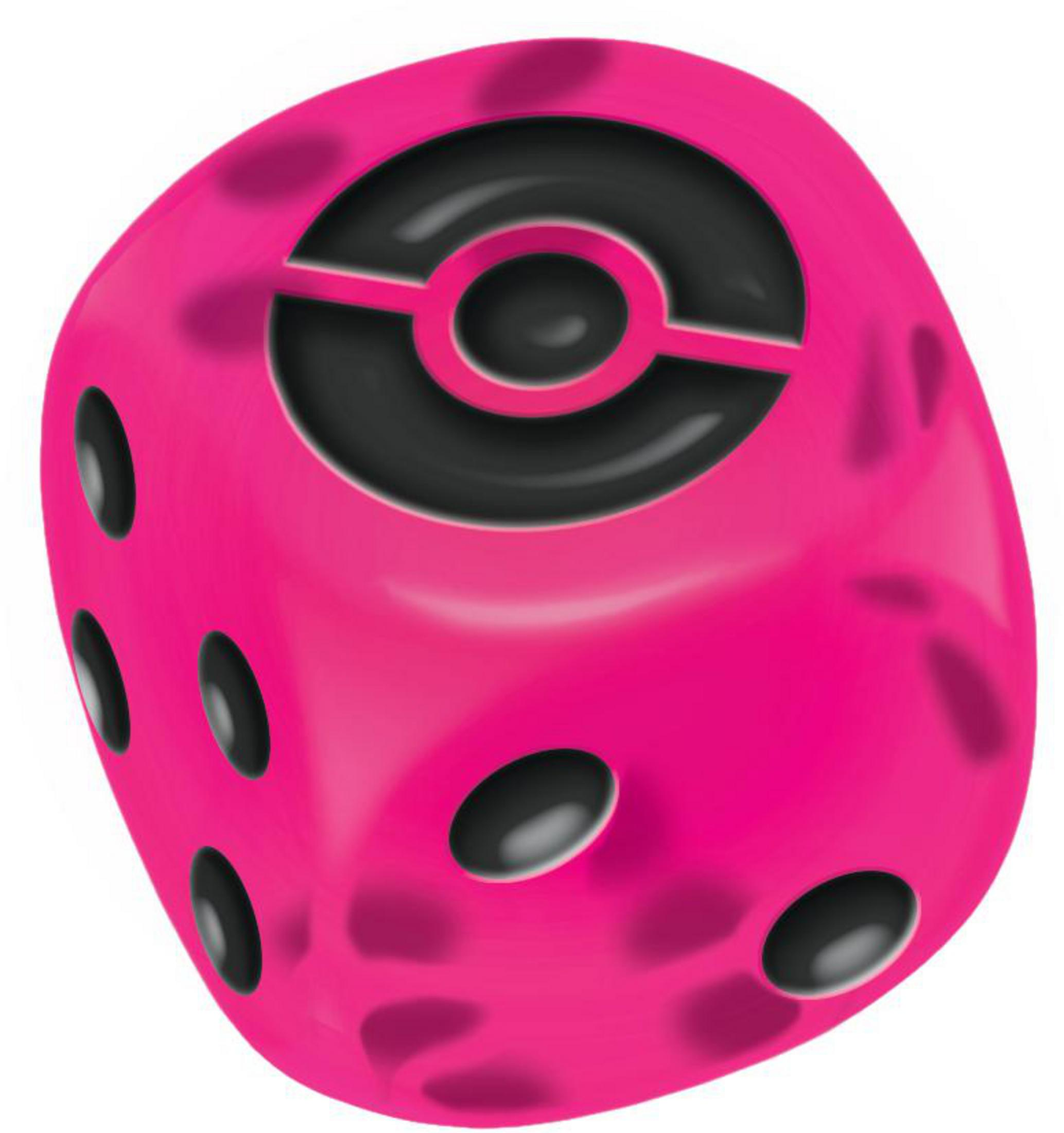Ein pinker Würfel mit schwarzen Punkten und einem schwarzen Kreis-Symbol.