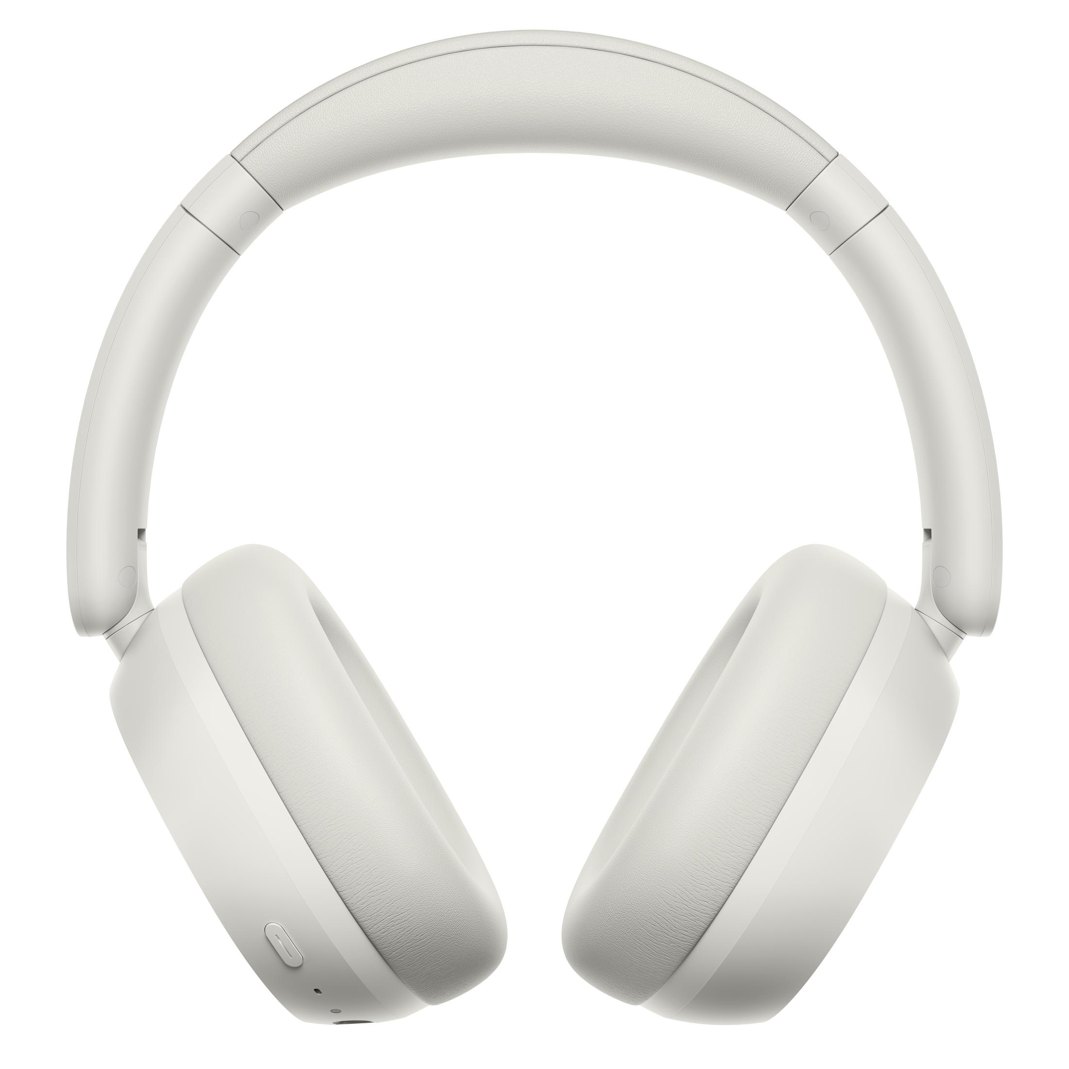 Auriculares blancos supraaurales con diadema y almohadillas acolchadas.