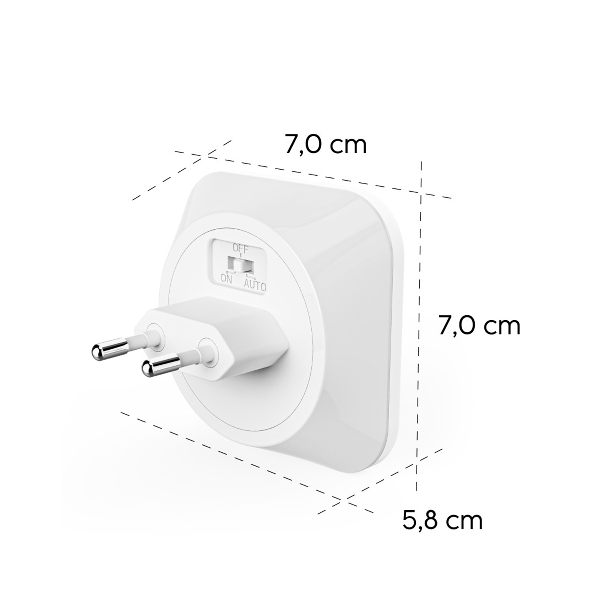 Ein weißer Steckeradapter mit den Maßen 7x7x5,8 cm und einem Schalter.