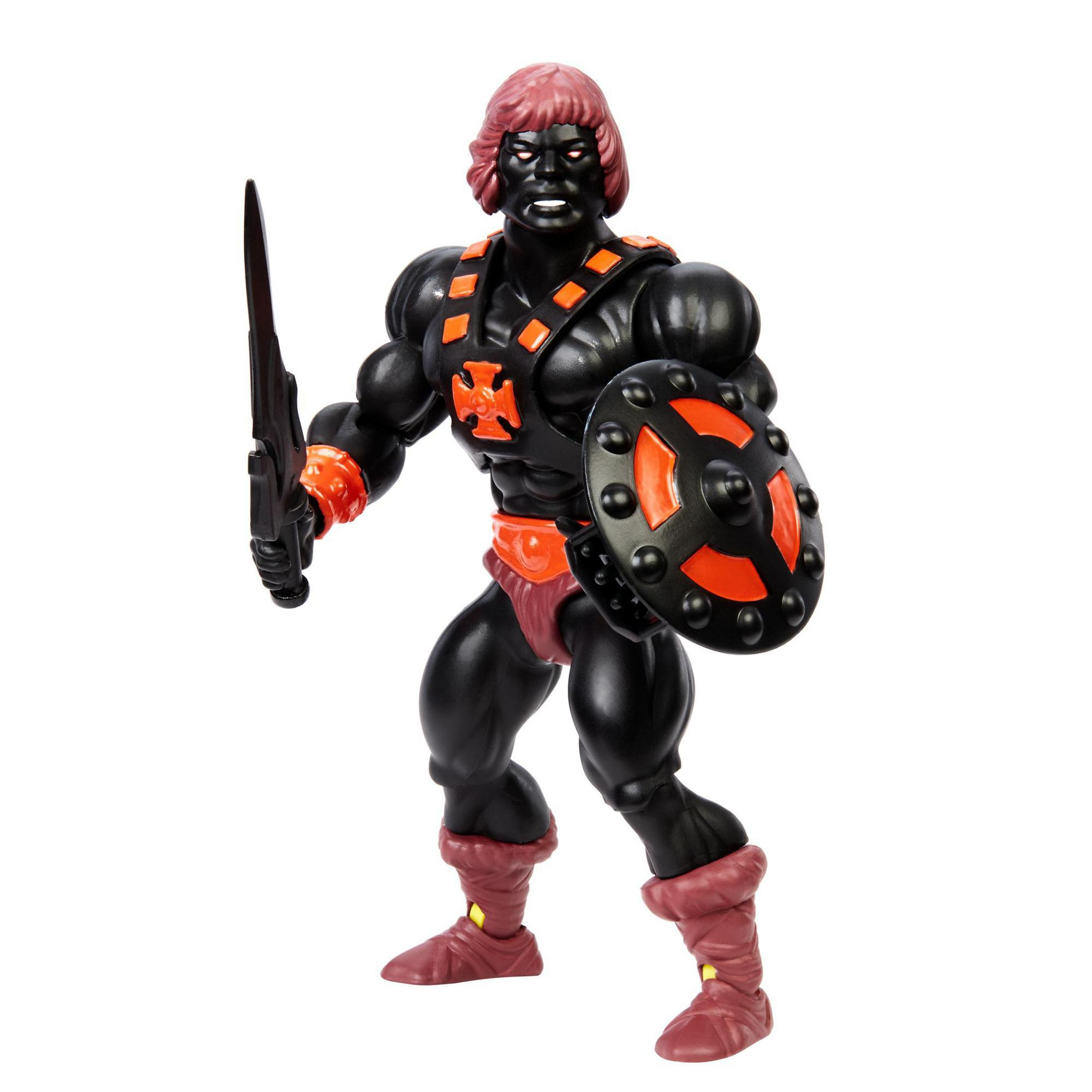 Schwarze Actionfigur mit rotem Haar, Schwert und Schild, orangefarbenen Akzenten.