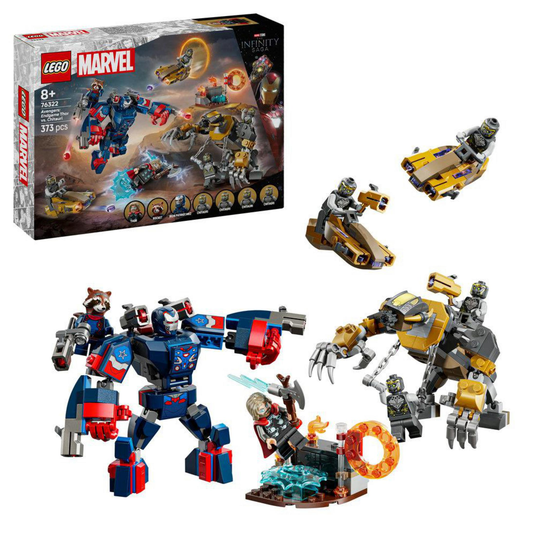 Set LEGO con figure e veicoli di Avengers: Endgame, inclusi Iron Patriot e Thor.
