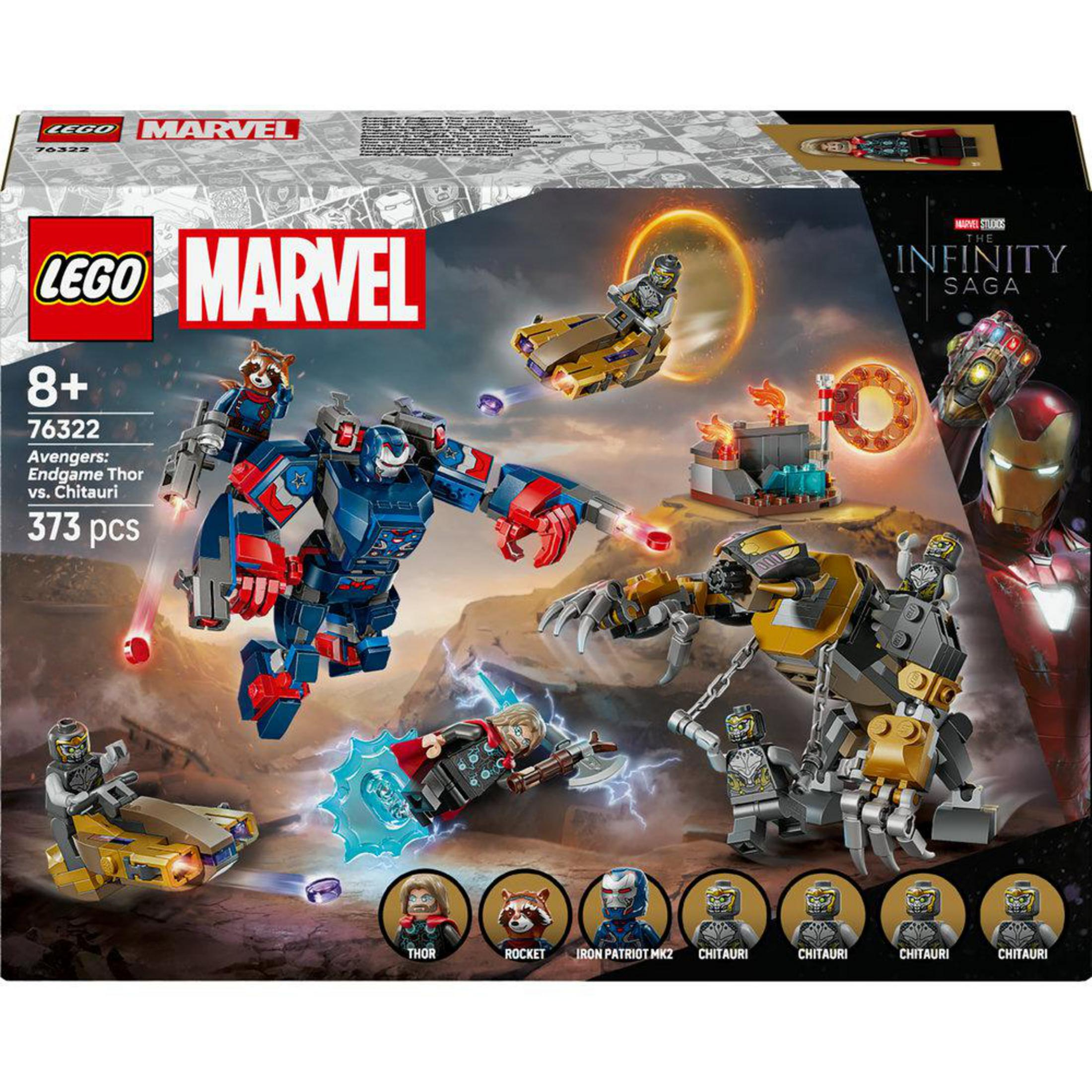 Set LEGO Marvel: Thor e Iron Patriot contro Chitauri con navi e portale.