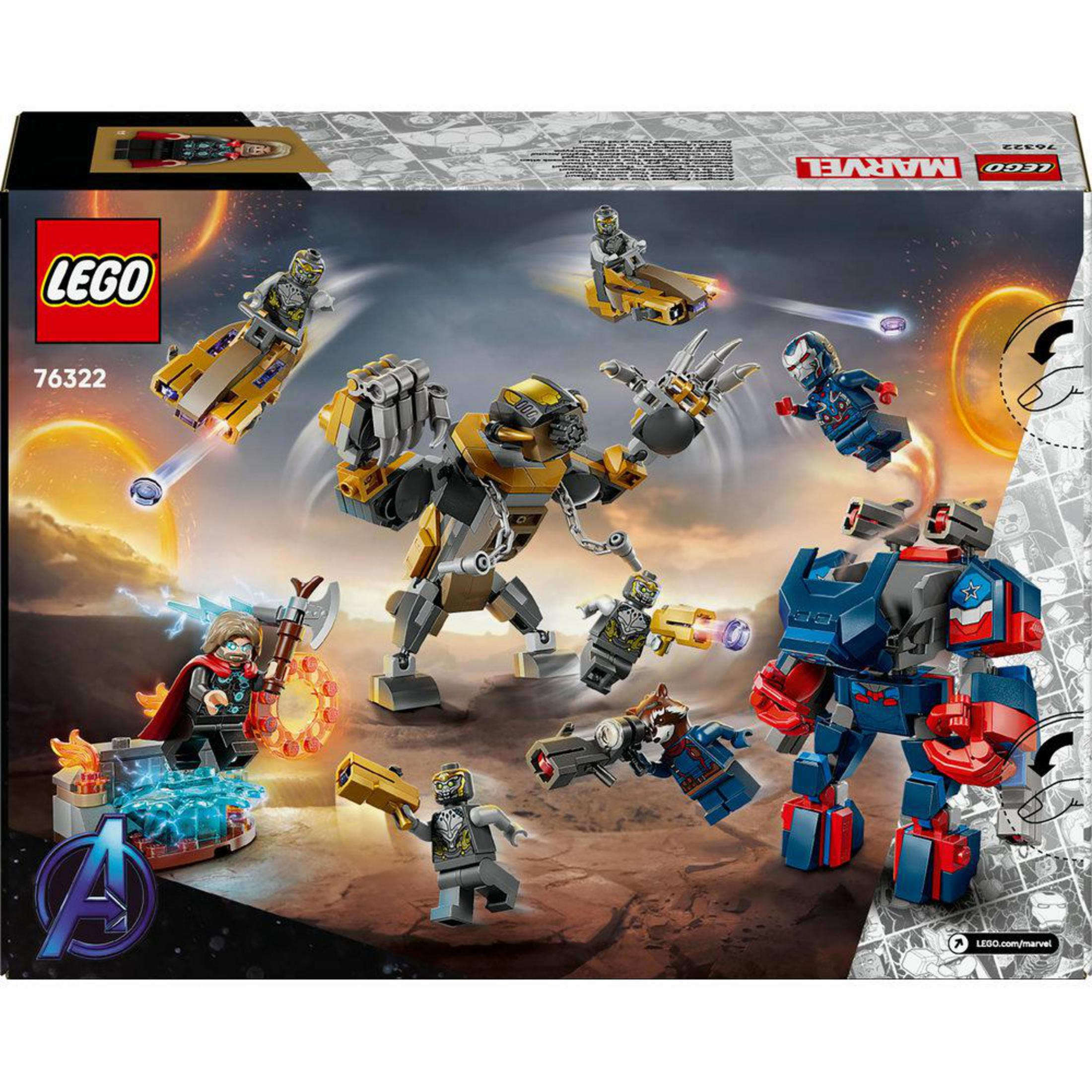 Set Lego Marvel Avengers con Thor, Iron Man, Hulkbuster e un grande mech.
