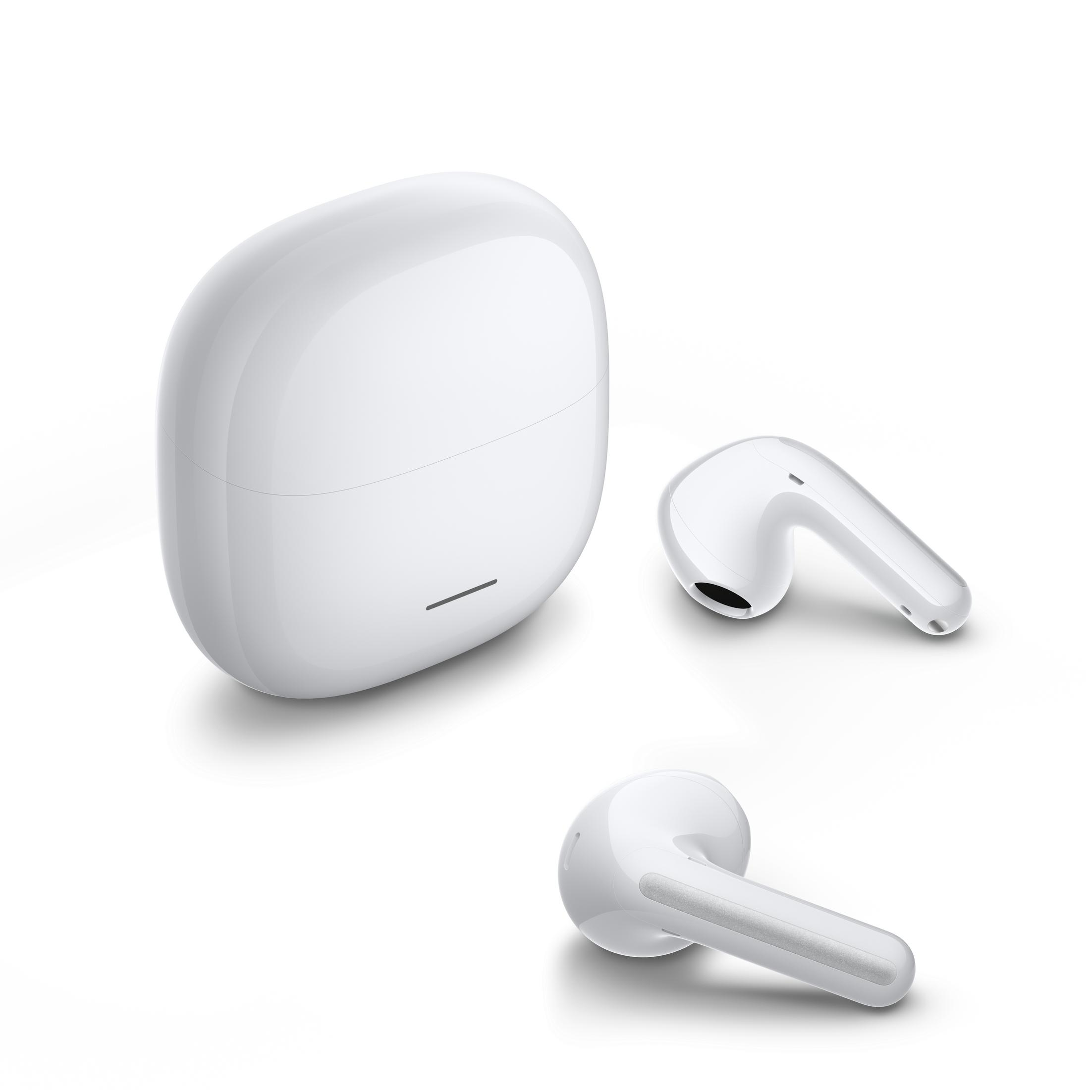 Un estuche de carga inalámbrico blanco con dos auriculares al lado.