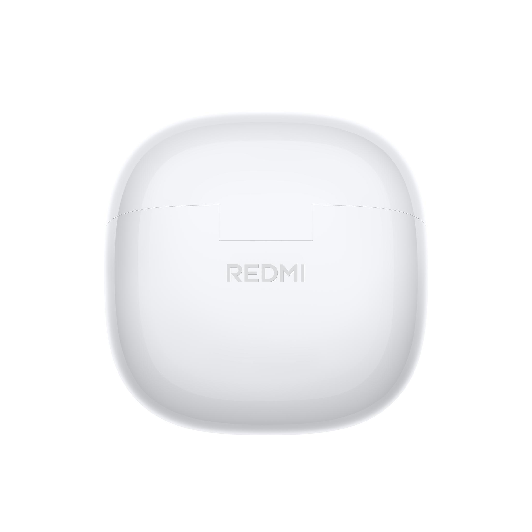 Un estuche de carga blanco cerrado de Redmi para auriculares, con el logo centrado.