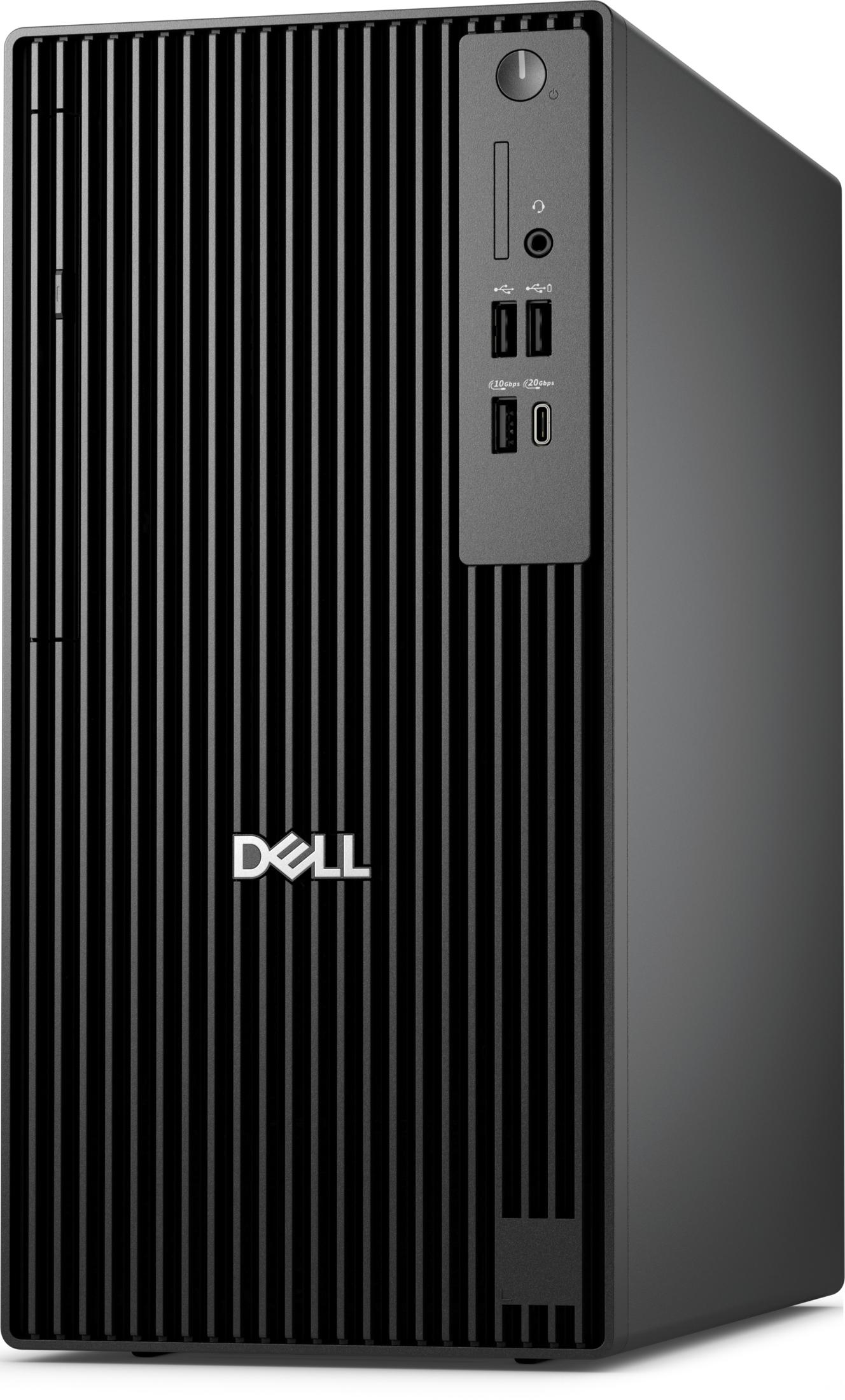 Schwarzer Dell Desktop-Computer mit vertikalen Lüftungsschlitzen und Anschlüssen vorne.