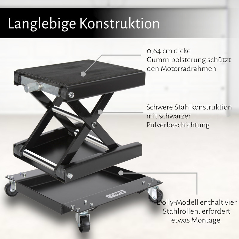 Schwarzer Motorradheber mit Gummipolsterung und Rollen. Robuste Stahlkonstruktion.