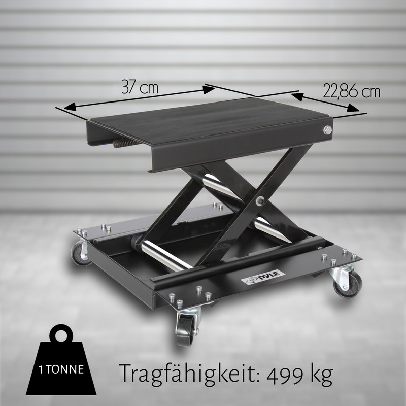 Schwarzer Motorradheber mit Rollen, 37x22,86 cm, Tragfähigkeit 499 kg.