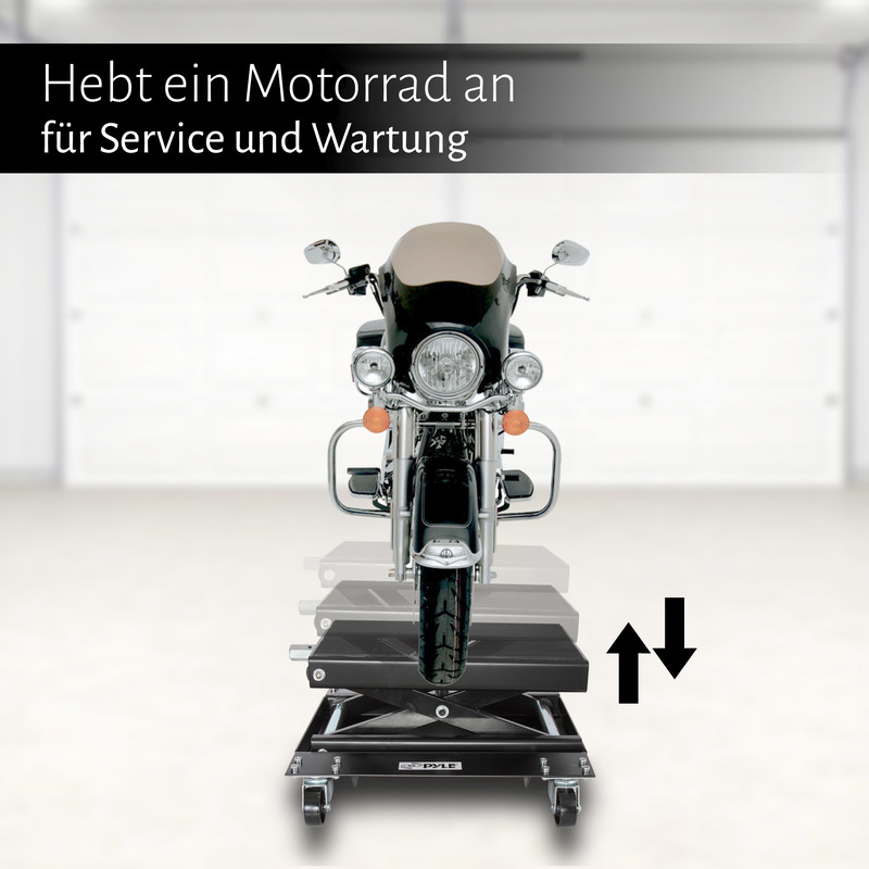 Motorrad auf einem schwarzen Heber mit Auf- und Abwärtspfeilen.