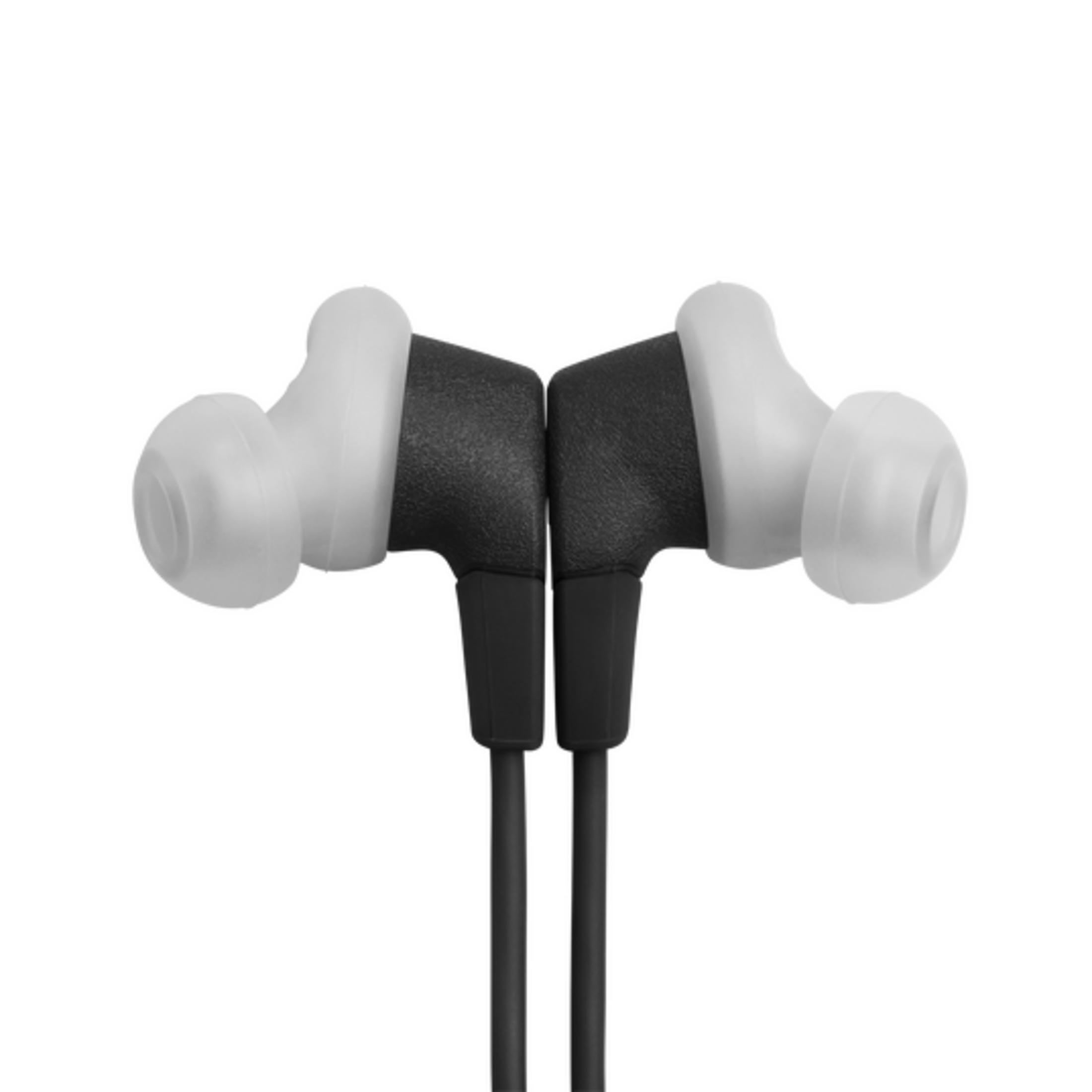 Due auricolari bianchi e neri con gommini bianchi, su sfondo bianco.